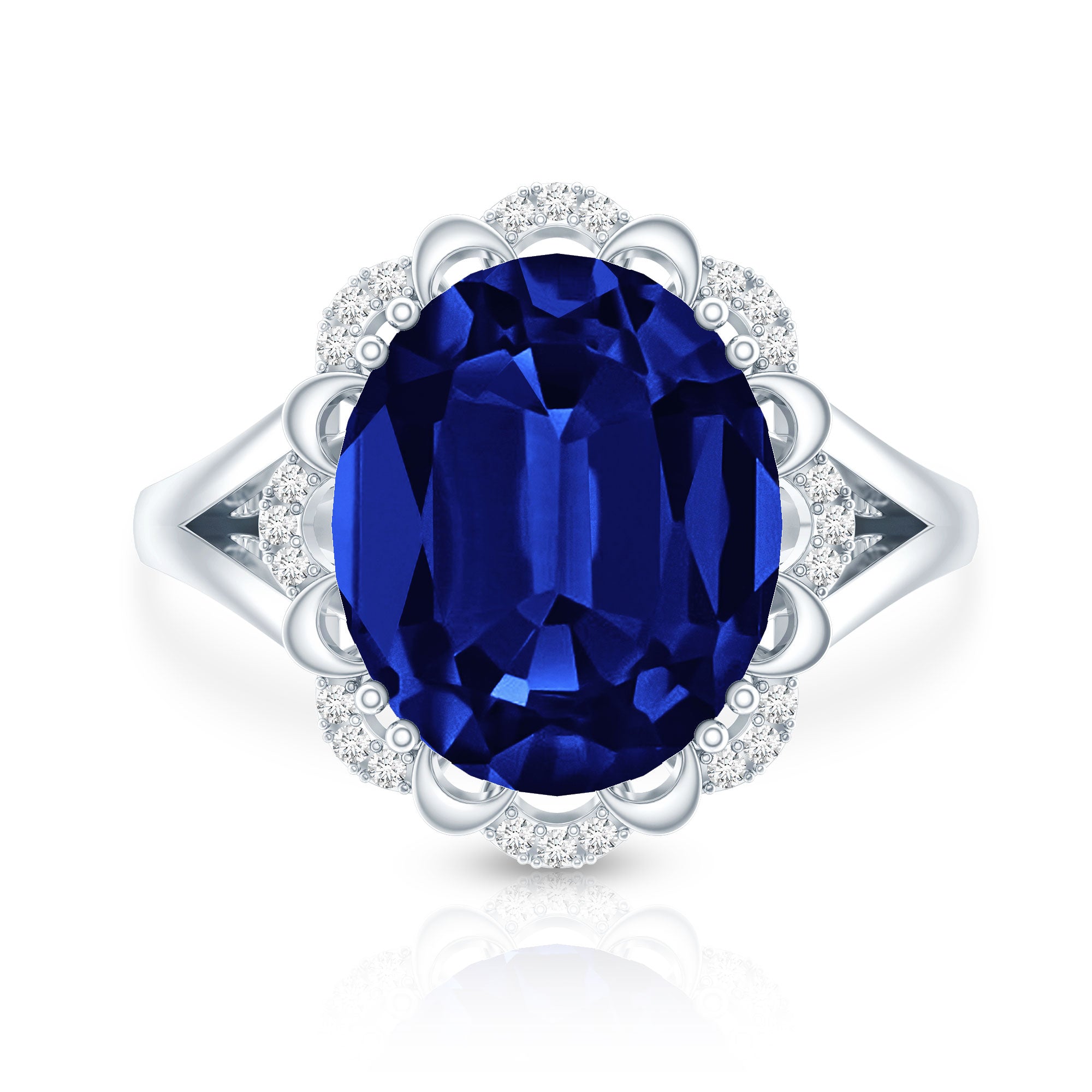 Certified 6 Carat Oval Lab Grown Blue Sapphire Retro Engagement Ring with Diamond AAAA - Rosec Jewels