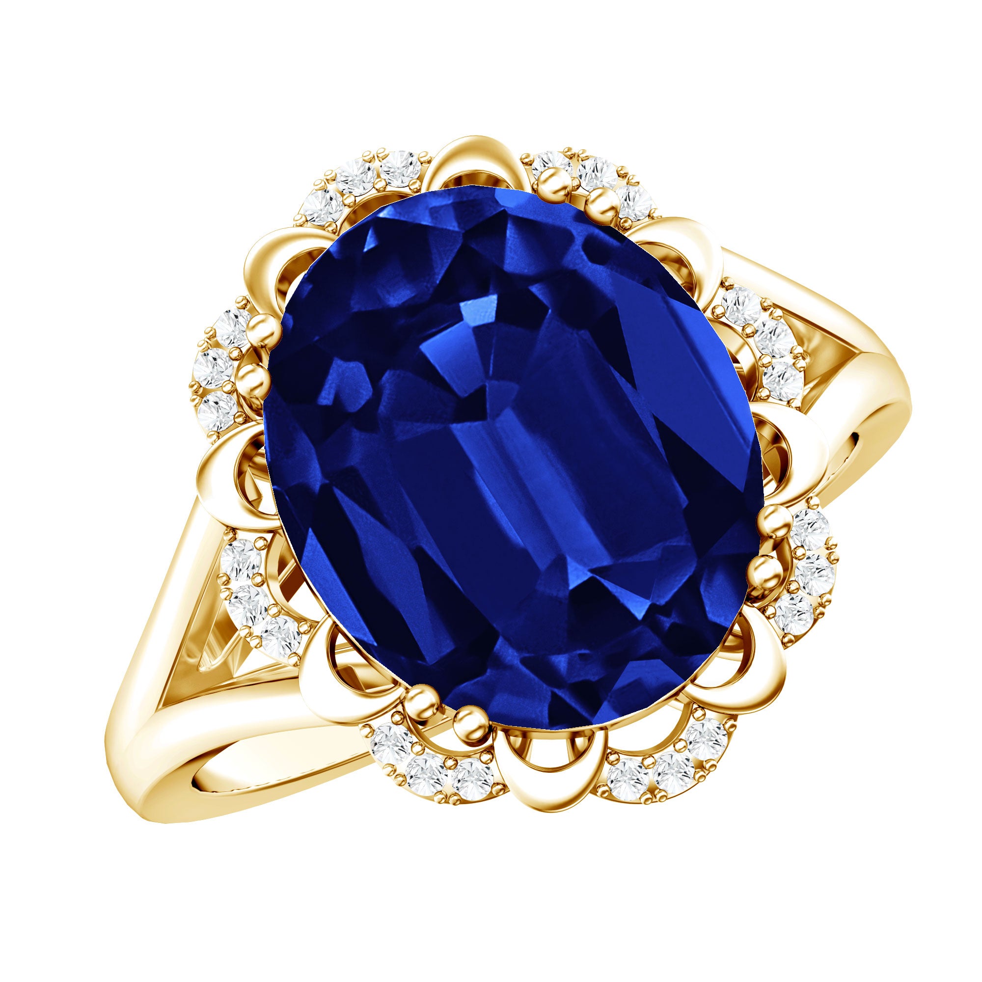 Certified 6 Carat Oval Lab Grown Blue Sapphire Retro Engagement Ring with Diamond AAAA - Rosec Jewels