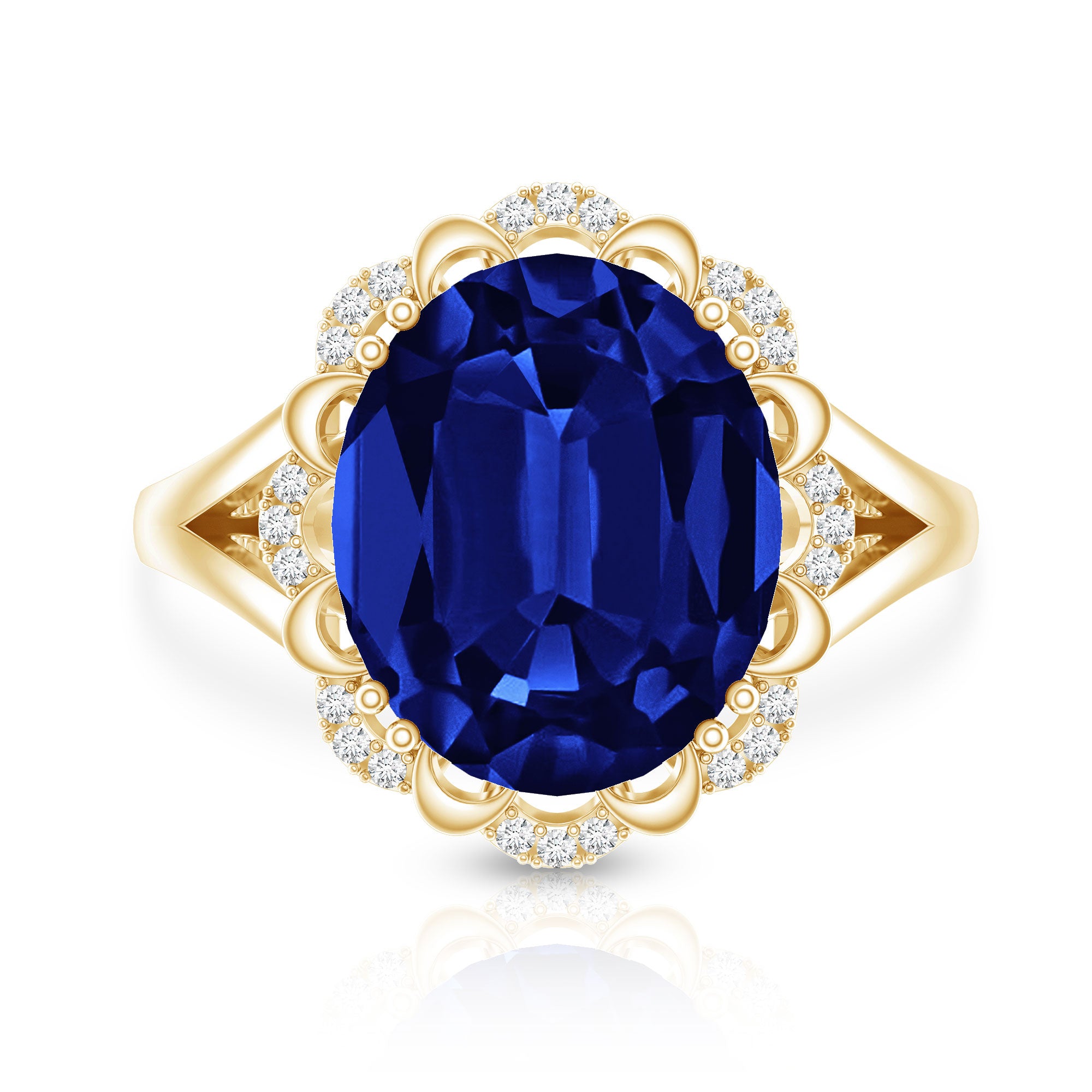 Certified 6 Carat Oval Lab Grown Blue Sapphire Retro Engagement Ring with Diamond AAAA - Rosec Jewels