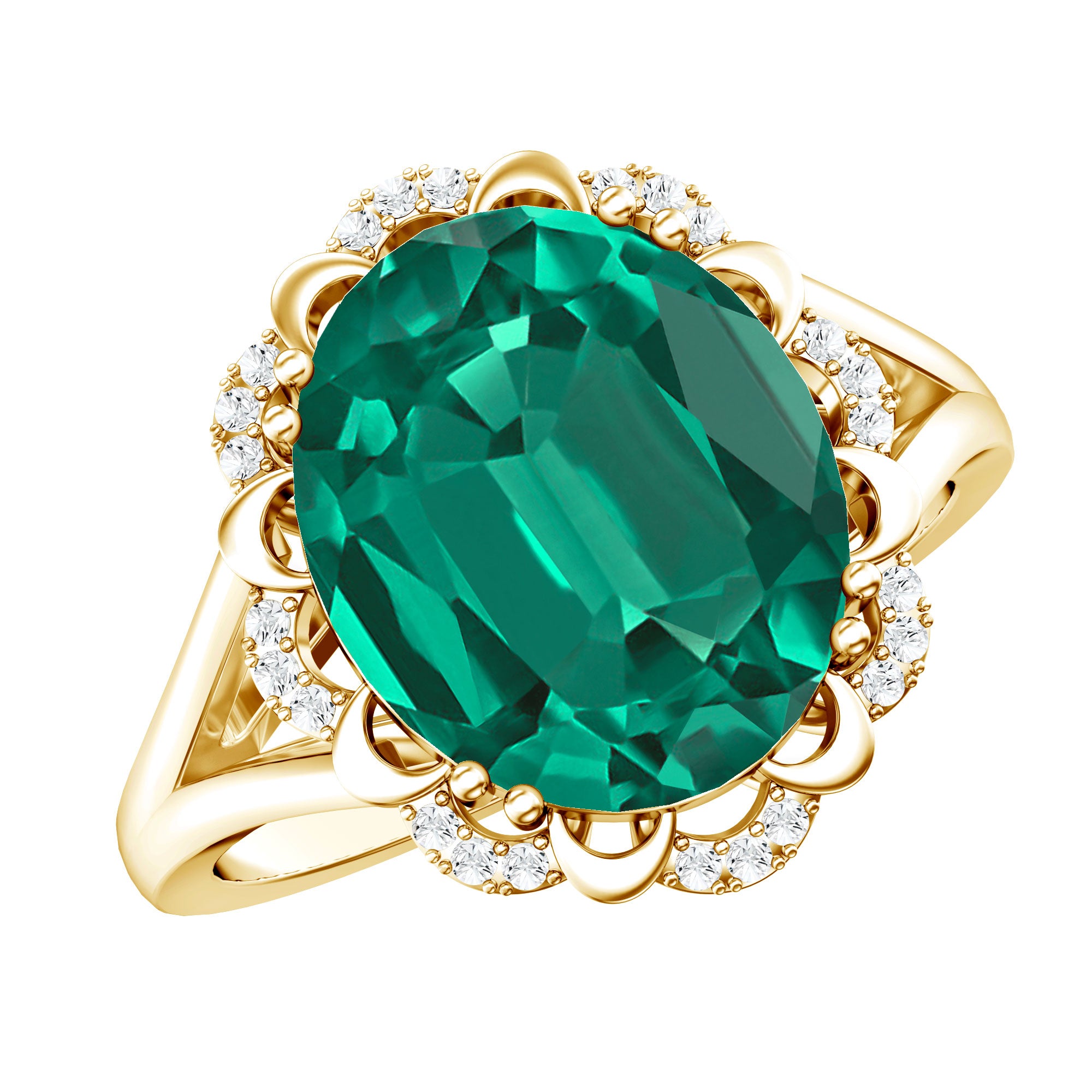 Vintage Looking 10X12mm Lab Created Emerald Engagement Ring with Diamond AAAA - Rosec Jewels