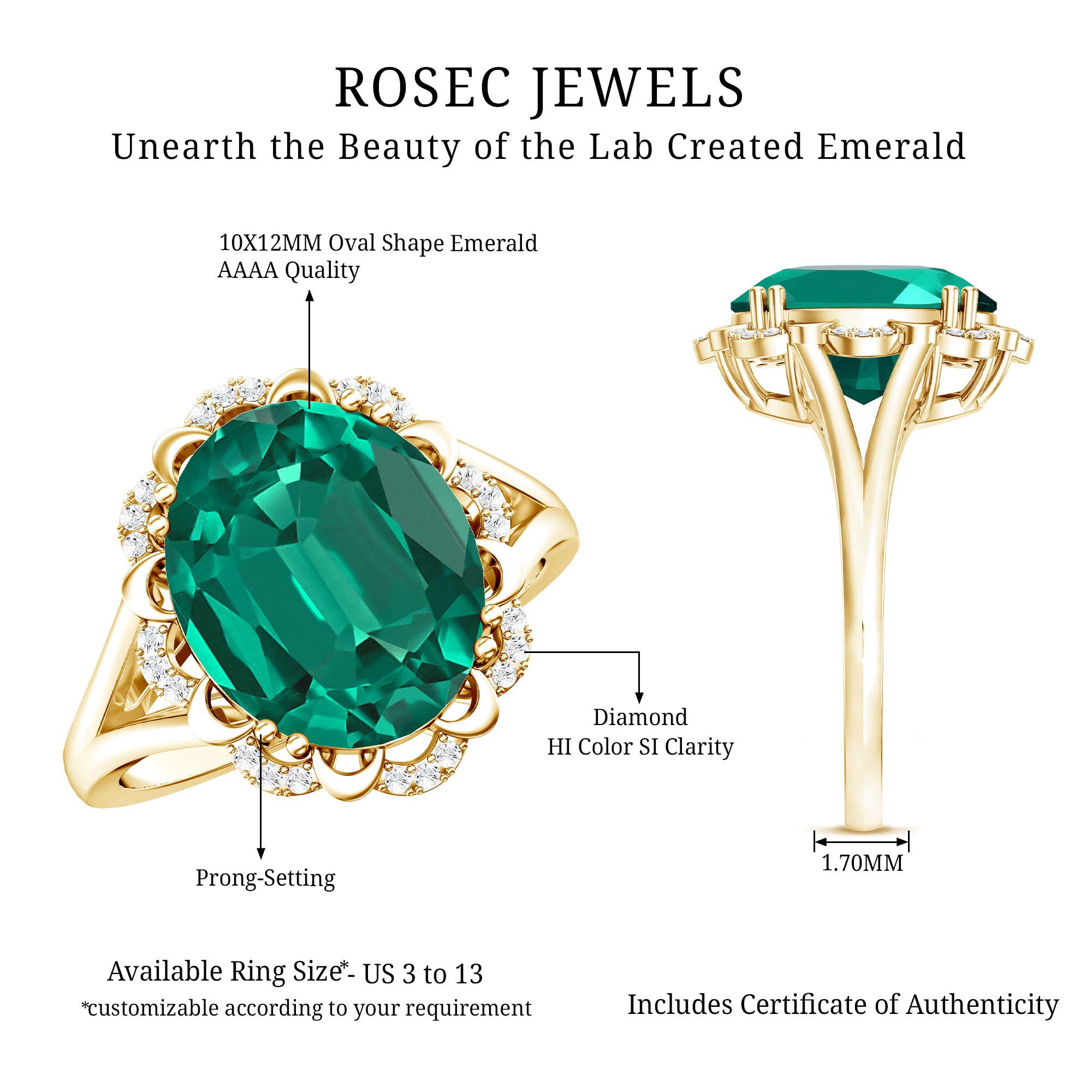 Vintage Looking 10X12mm Lab Created Emerald Engagement Ring with Diamond AAAA - Rosec Jewels