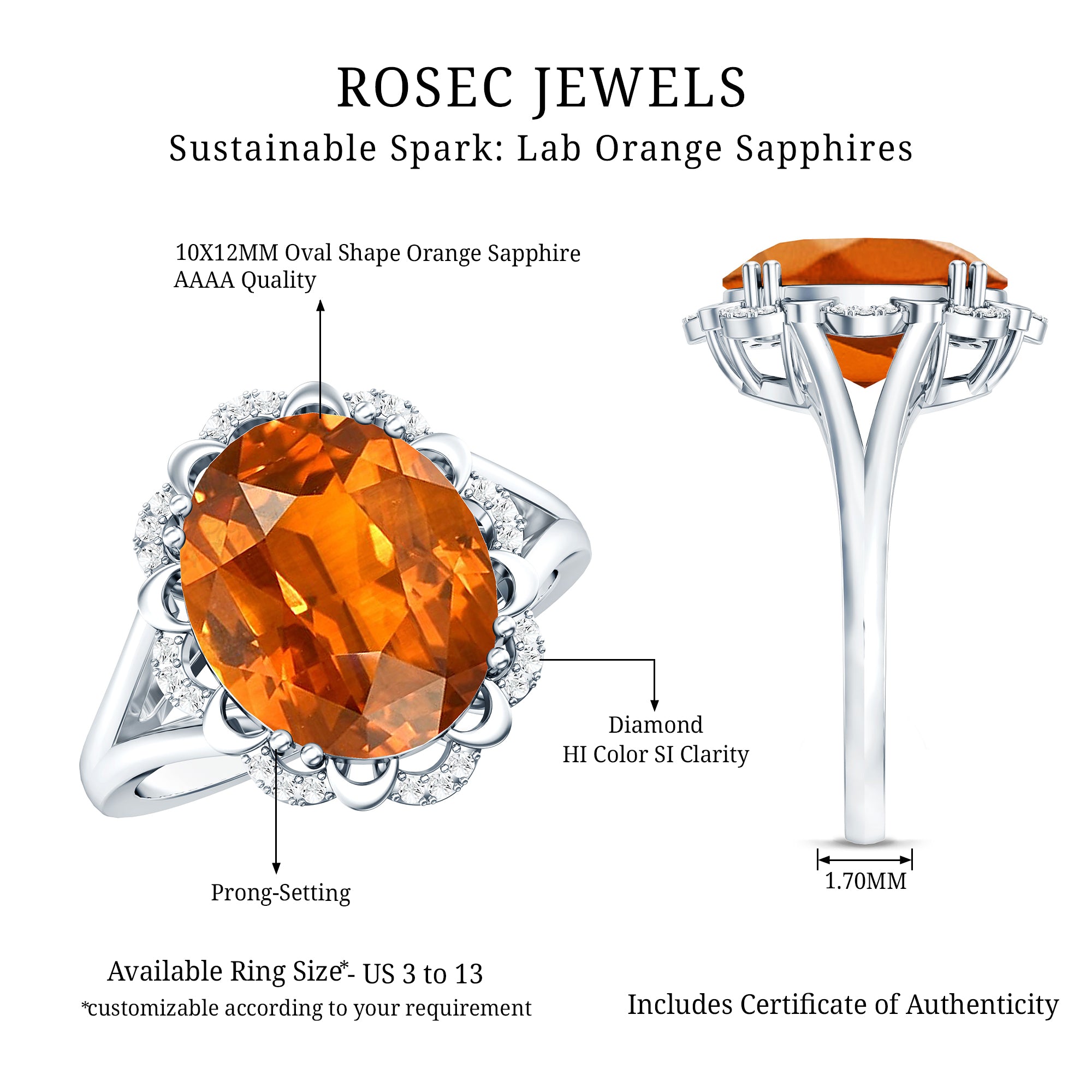 Certified 6 Carat Lab Grown Orange Sapphire Oval Engagement Ring with Diamond AAAA - Rosec Jewels