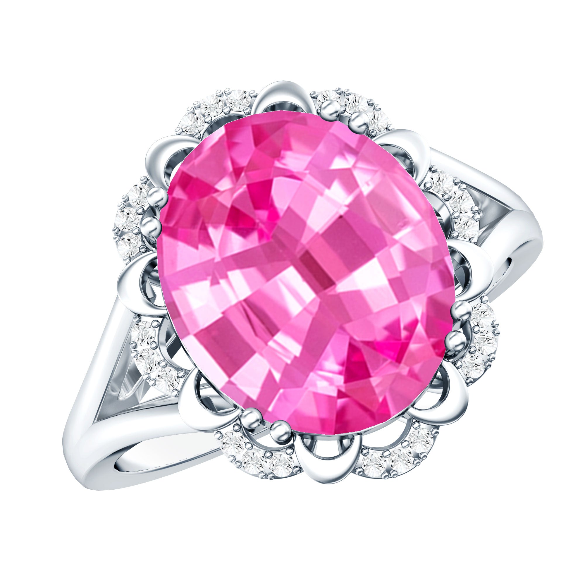 Oval Lab Created Pink Sapphire Huge Engagement Ring with Diamond AAAA - Rosec Jewels