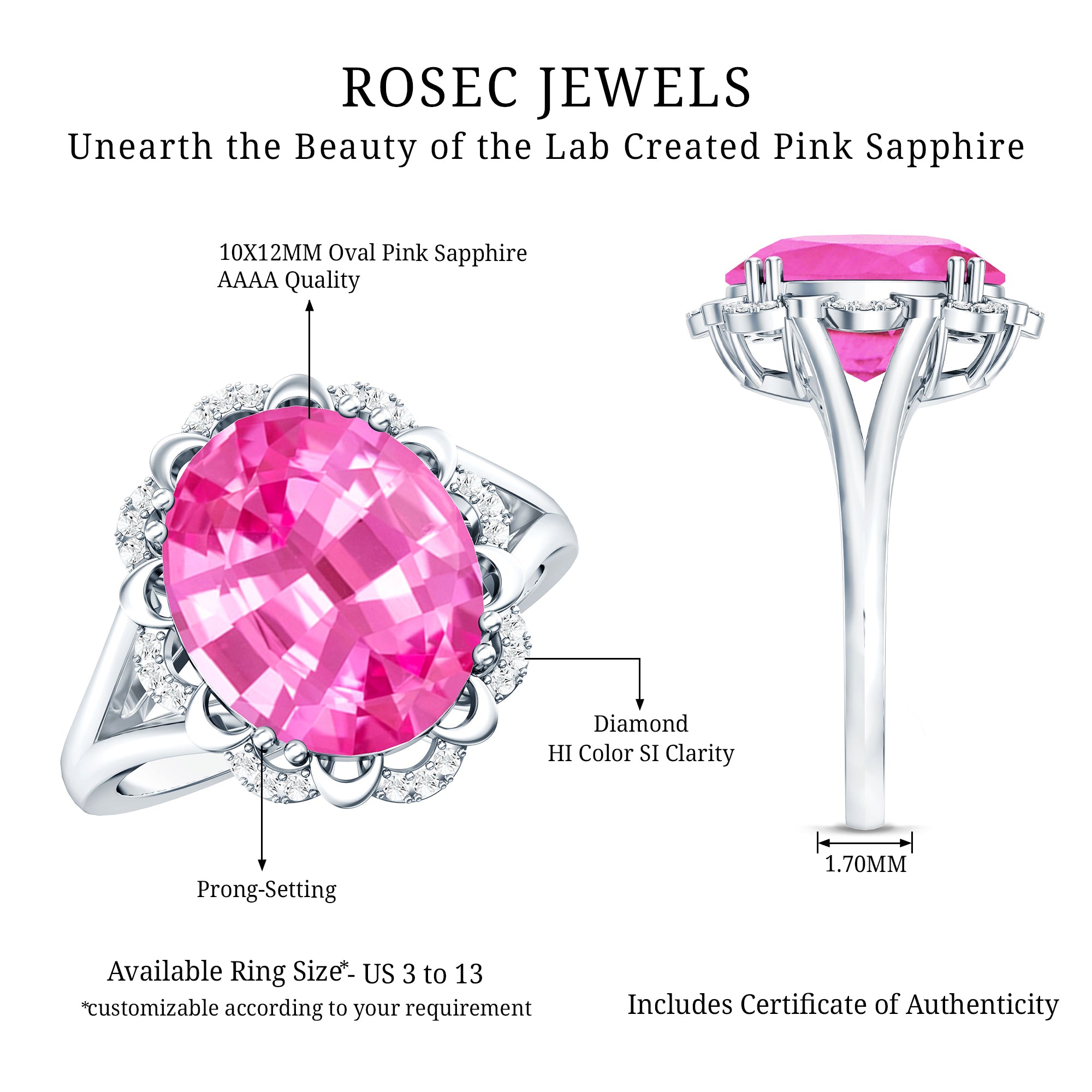 Oval Lab Created Pink Sapphire Huge Engagement Ring with Diamond AAAA - Rosec Jewels