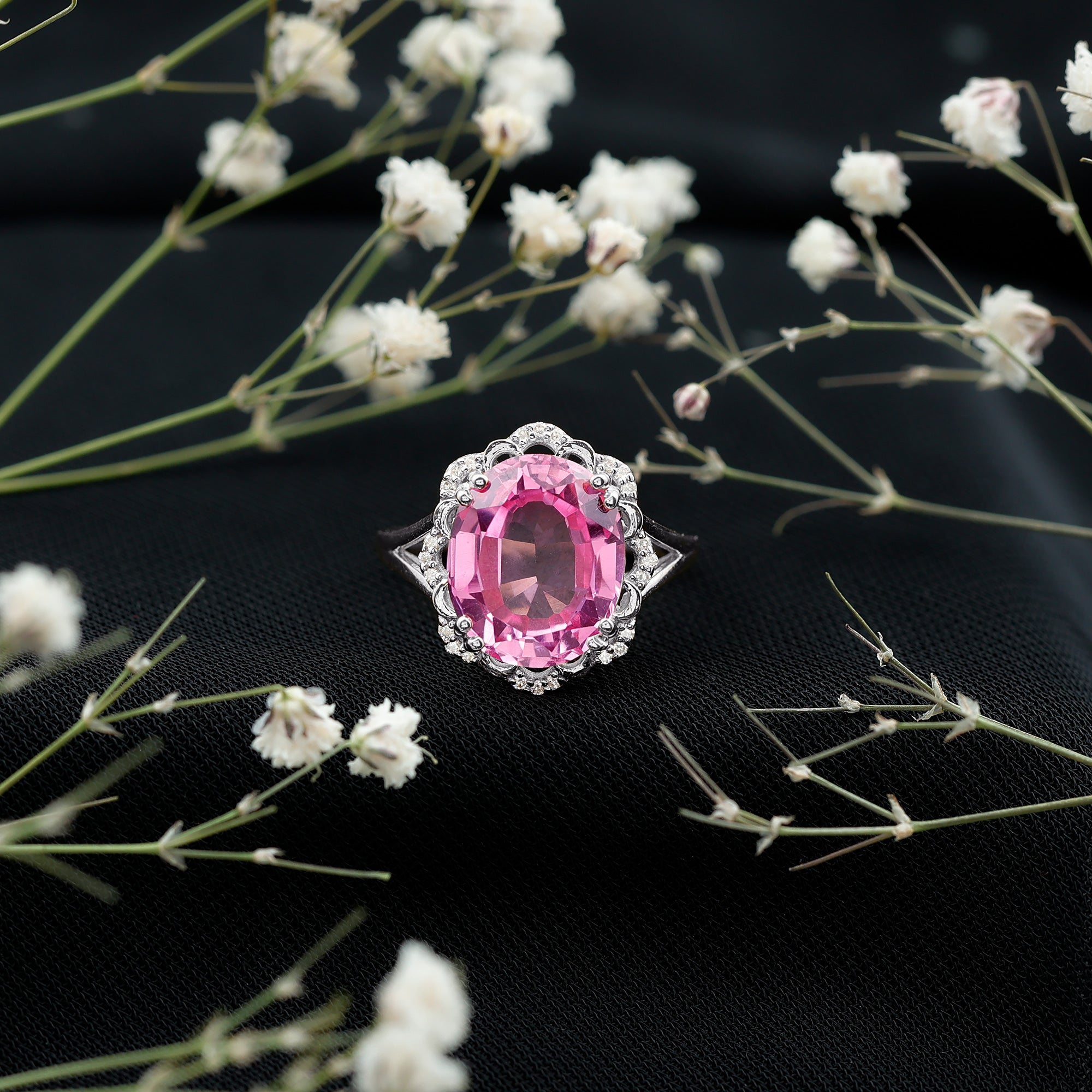 Oval Lab Created Pink Sapphire Huge Engagement Ring with Diamond AAAA - Rosec Jewels