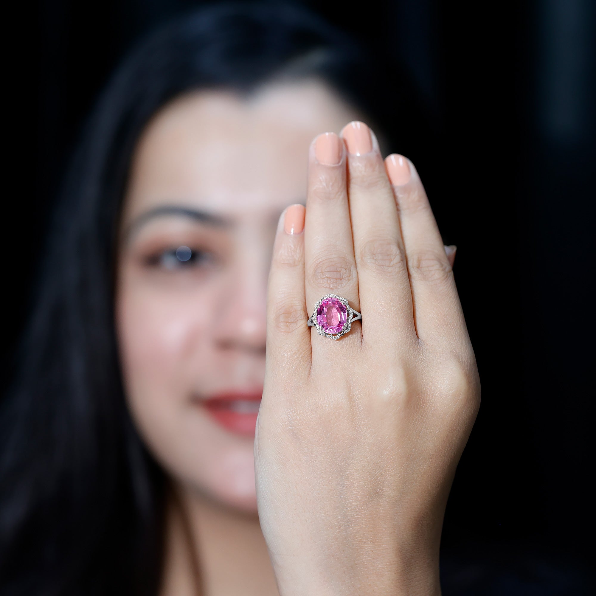 Oval Lab Created Pink Sapphire Huge Engagement Ring with Diamond AAAA - Rosec Jewels