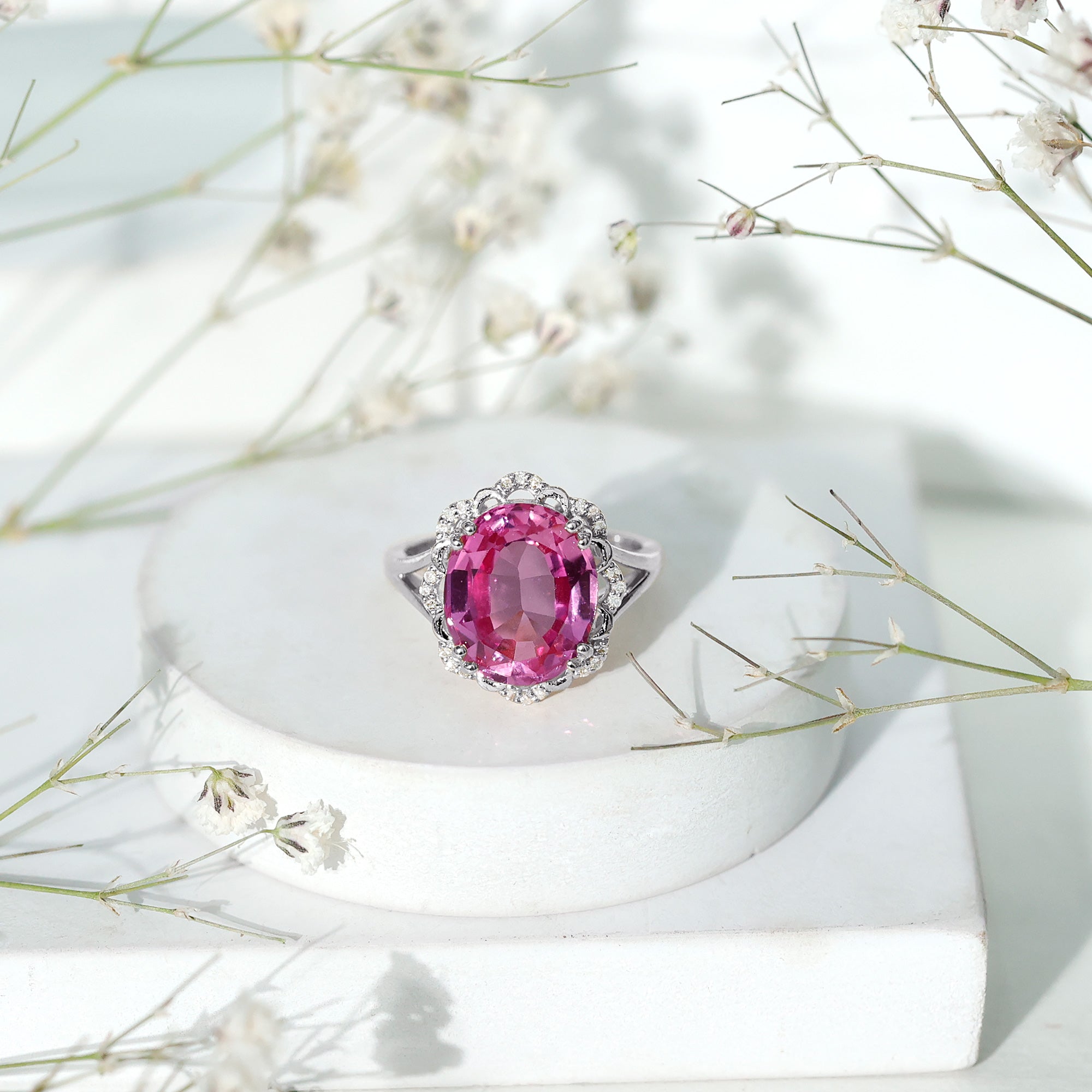 Oval Lab Created Pink Sapphire Huge Engagement Ring with Diamond AAAA - Rosec Jewels