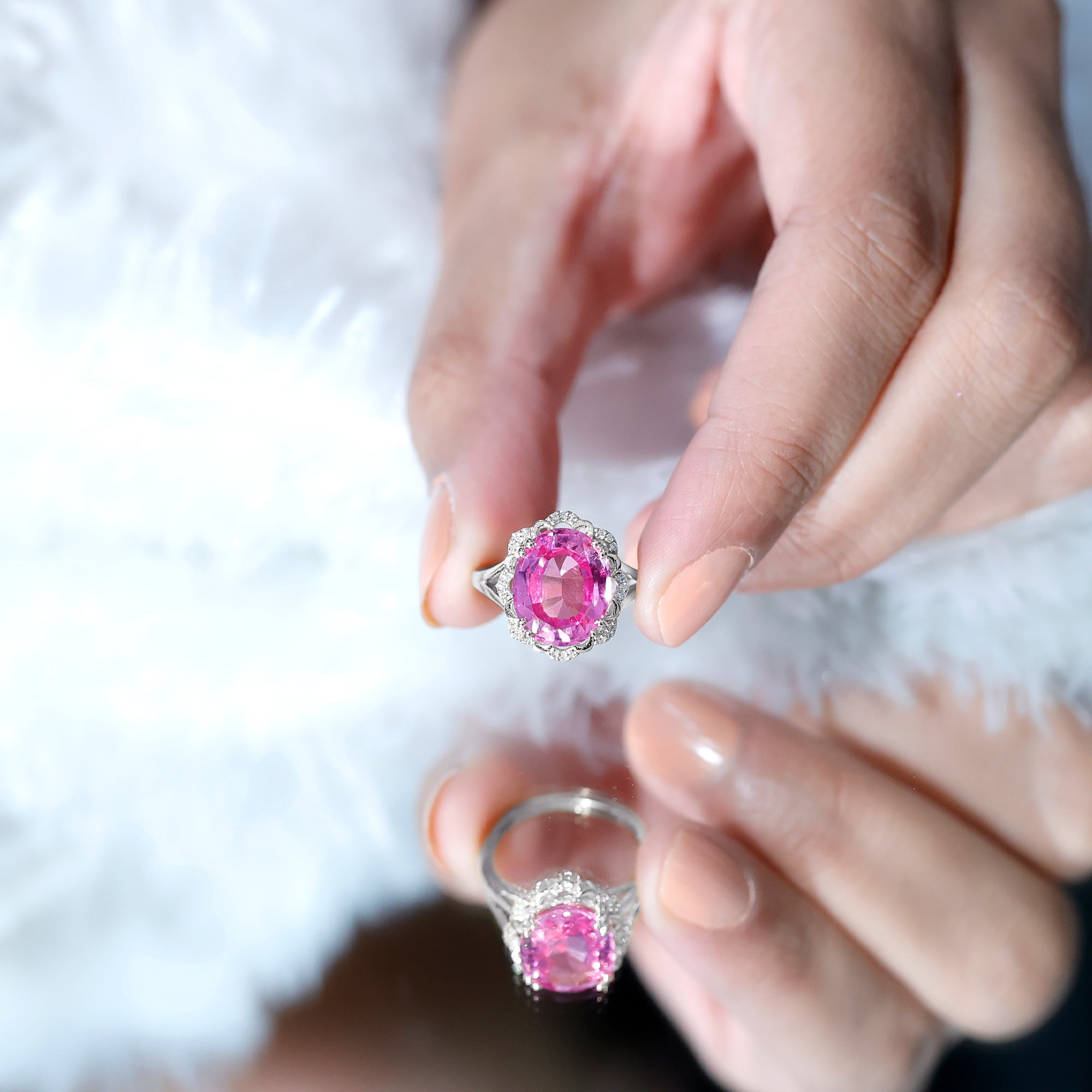 Oval Lab Created Pink Sapphire Huge Engagement Ring with Diamond AAAA - Rosec Jewels