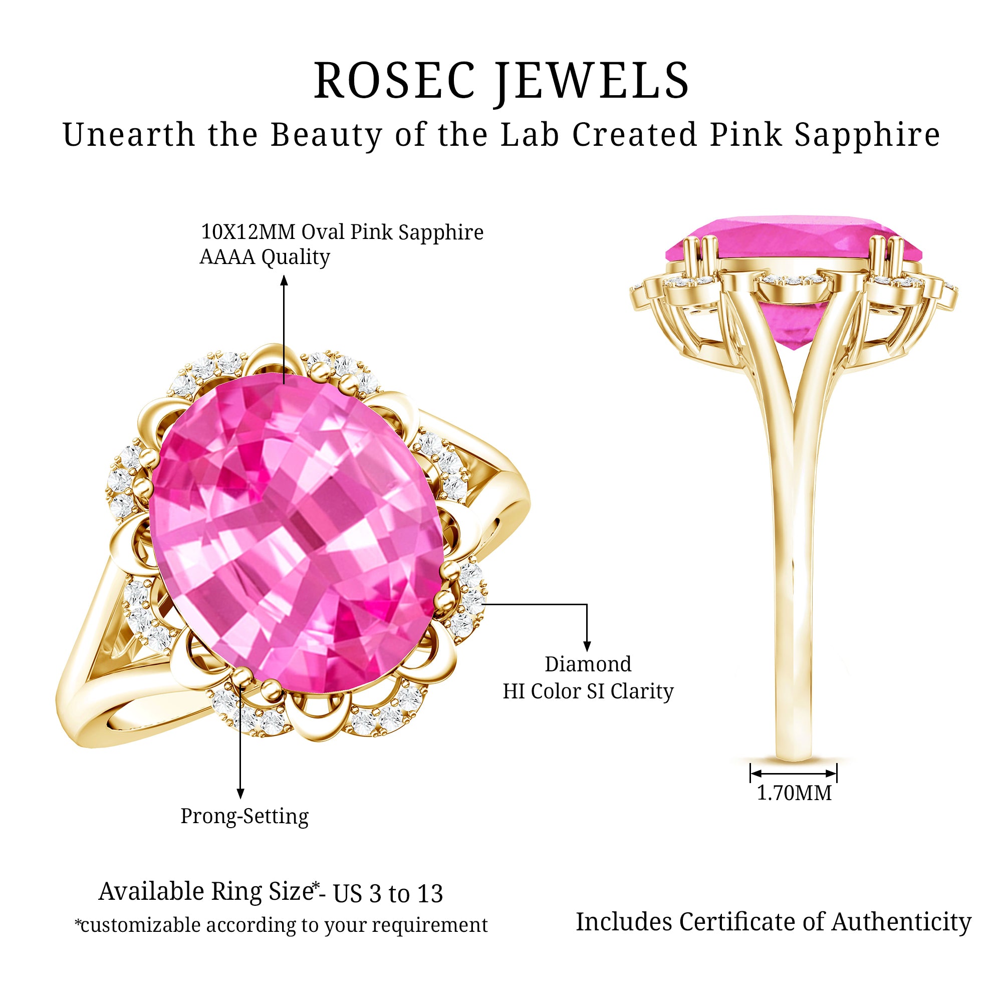 Oval Lab Created Pink Sapphire Huge Engagement Ring with Diamond AAAA - Rosec Jewels