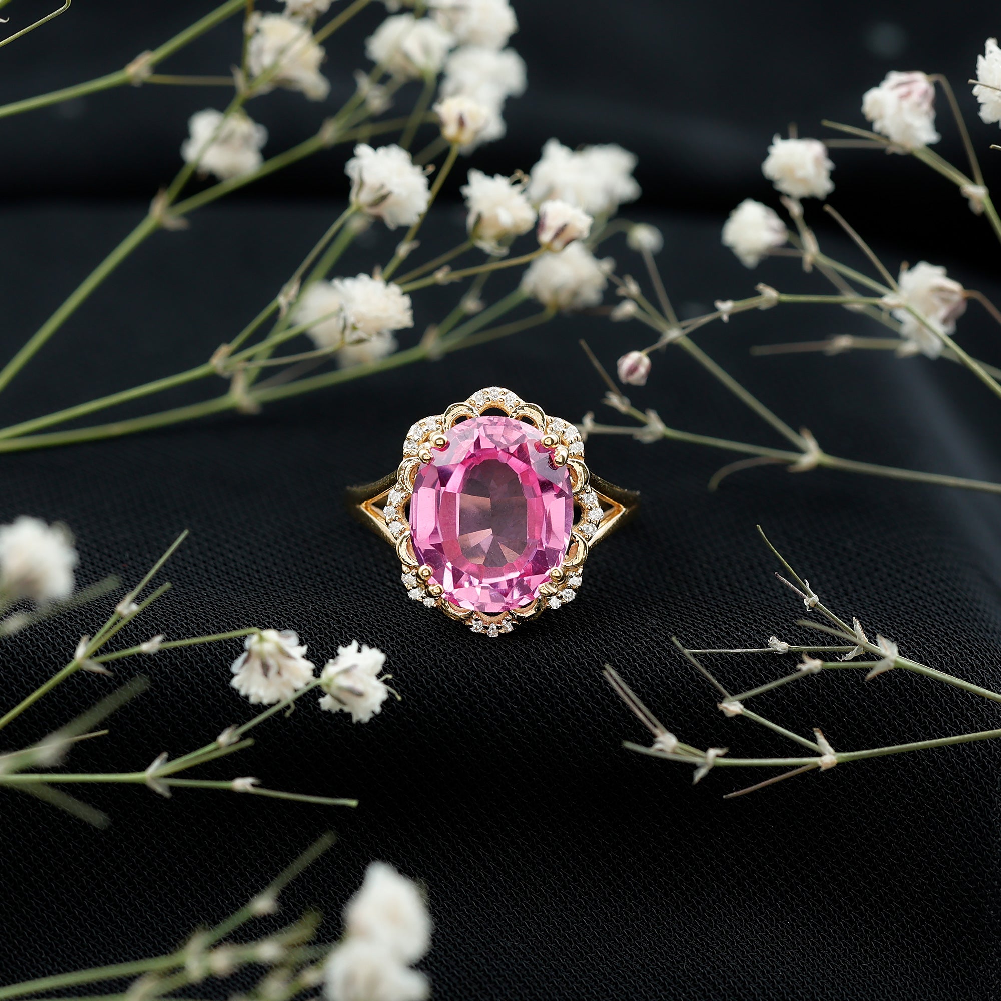 Oval Lab Created Pink Sapphire Huge Engagement Ring with Diamond AAAA - Rosec Jewels