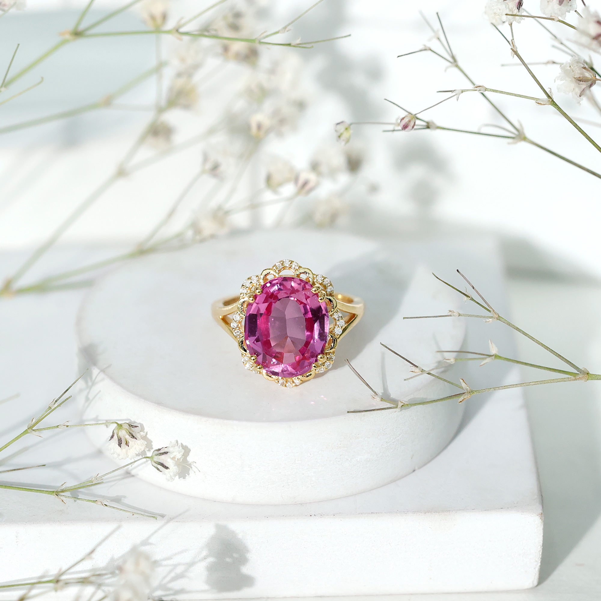 Oval Lab Created Pink Sapphire Huge Engagement Ring with Diamond AAAA - Rosec Jewels