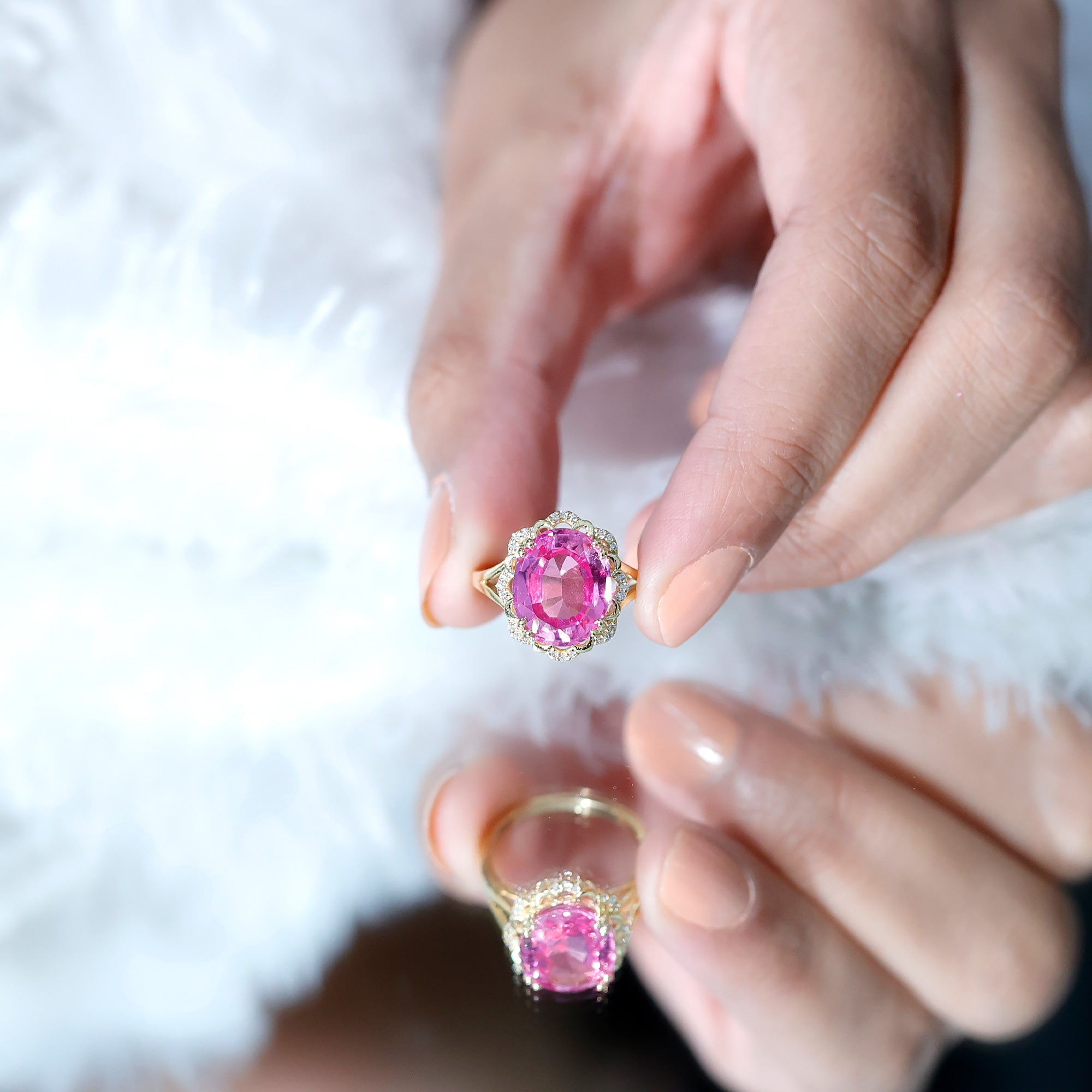 Oval Lab Created Pink Sapphire Huge Engagement Ring with Diamond AAAA - Rosec Jewels