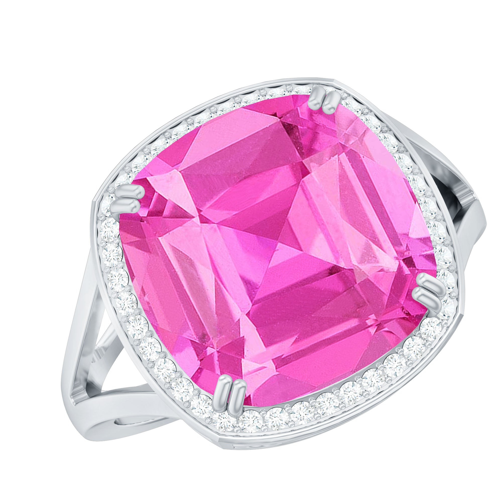 Cushion Cut Created Pink Sapphire Halo Cocktail Ring with Diamond