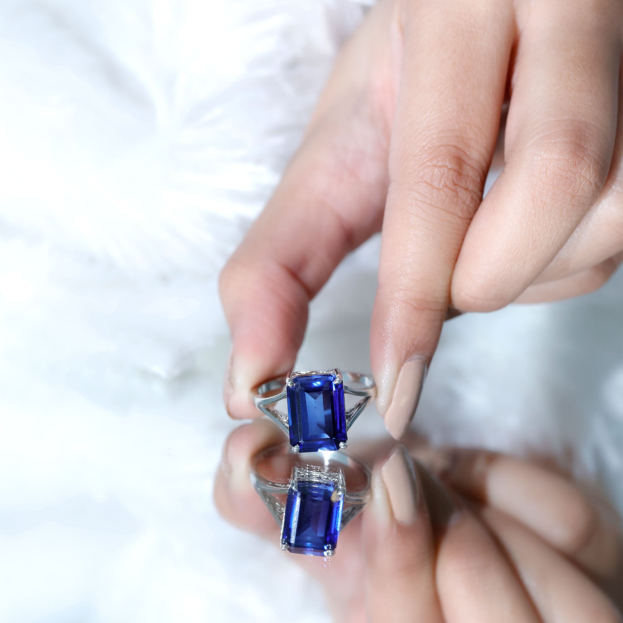 9 Carat Lab Grown Blue Sapphire Emerald Cut Engagement Ring AAAA - Rosec Jewels