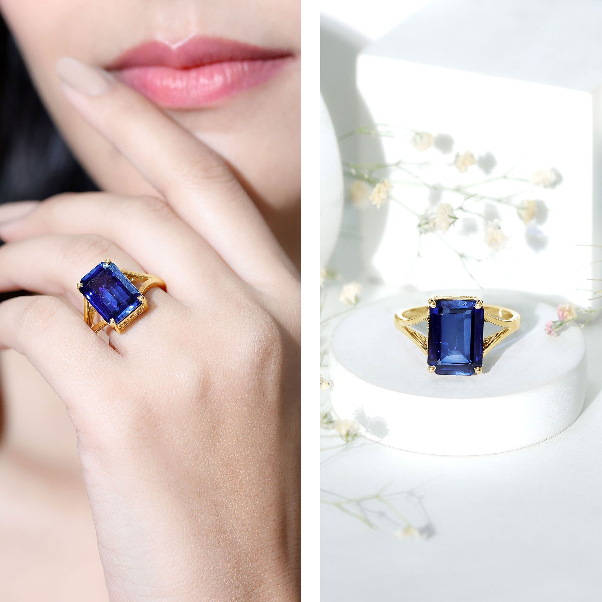 9 Carat Lab Grown Blue Sapphire Emerald Cut Engagement Ring AAAA - Rosec Jewels