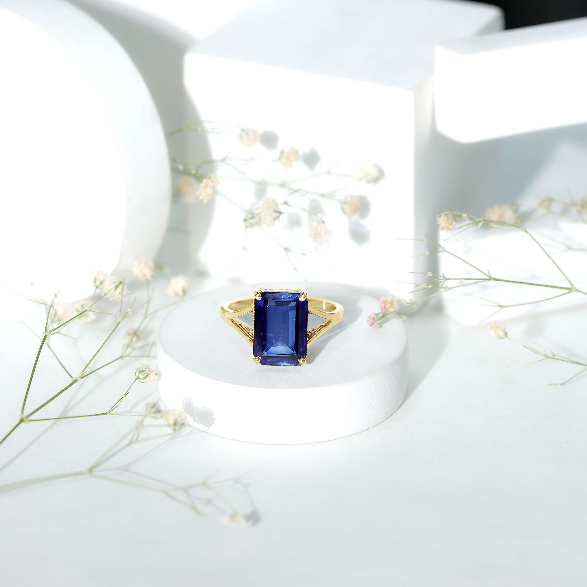 9 Carat Lab Grown Blue Sapphire Emerald Cut Engagement Ring AAAA - Rosec Jewels