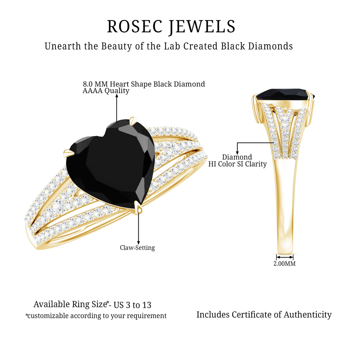 Certified 2.4 Carat Lab Grown Black Diamond Heart Engagement Ring with White Diamond Split Shank AAAA ( Synthetic ) - Rosec Jewels