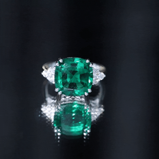Lab Grown Emerald 9 Carat Cushion Cut Engagement Ring with Diamond Trio AAAA - Rosec Jewels
