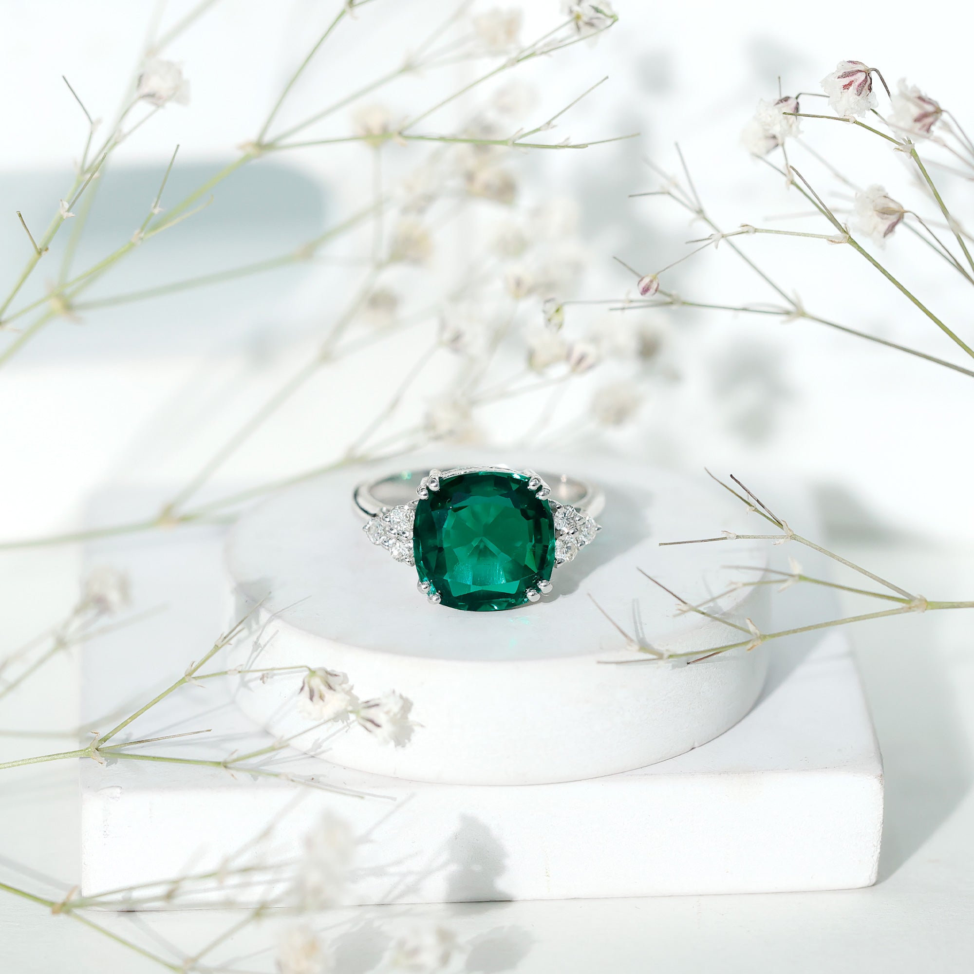 Lab Grown Emerald 9 Carat Cushion Cut Engagement Ring with Diamond Trio AAAA - Rosec Jewels