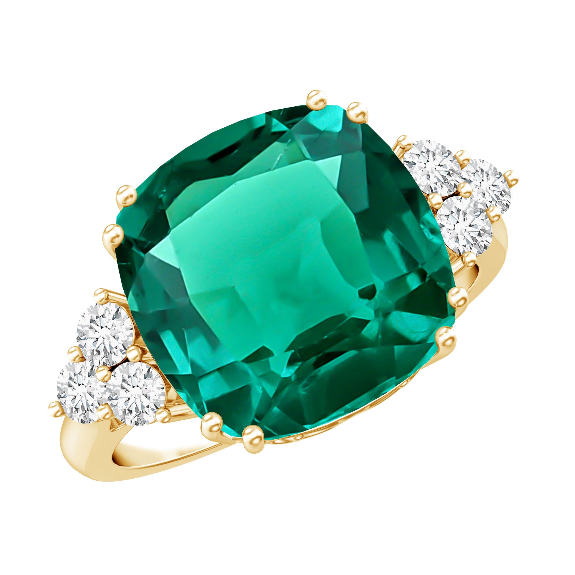 Lab Grown Emerald 9 Carat Cushion Cut Engagement Ring with Diamond Trio AAAA - Rosec Jewels