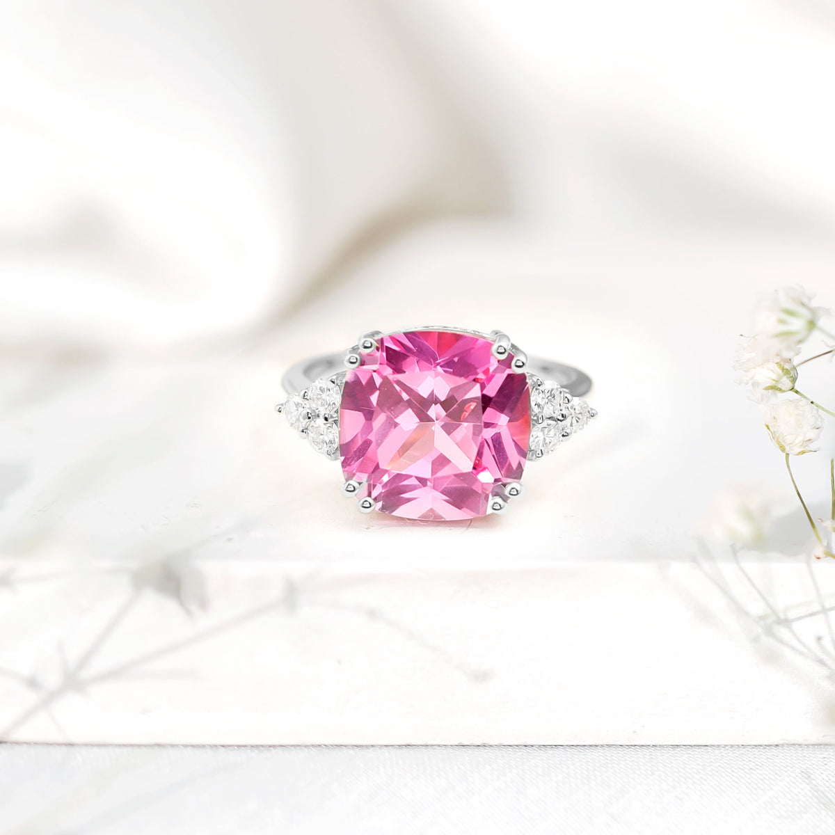 Lab Grown Pink Sapphire Solitaire Engagement Ring with Diamond Trio AAAA - Rosec Jewels