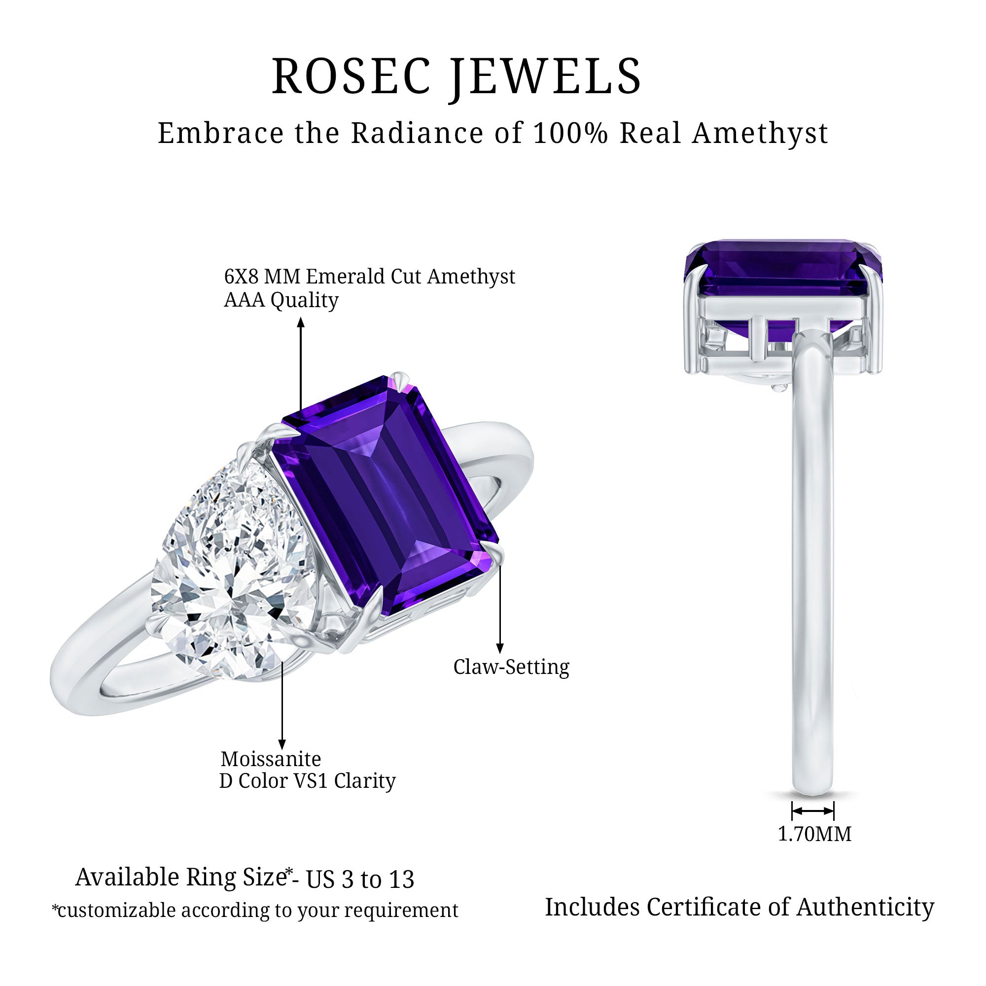 Certified Real Amethyst Toi Et Moi Engagement Ring with Moissanite AAA - Rosec Jewels