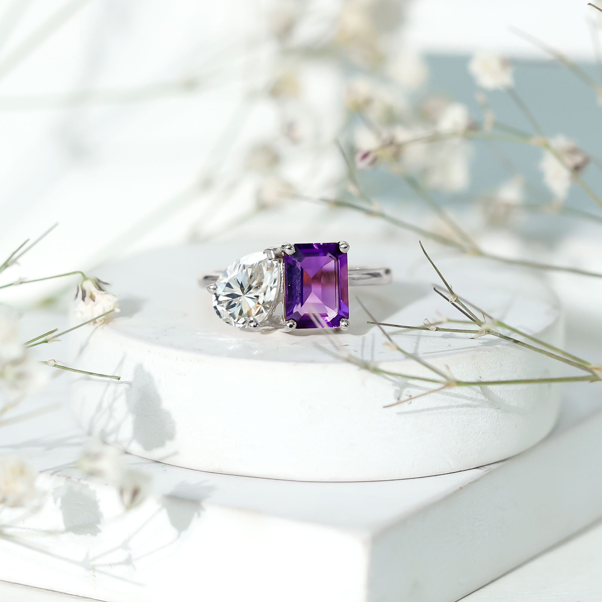 Certified Real Amethyst Toi Et Moi Engagement Ring with Moissanite AAA - Rosec Jewels
