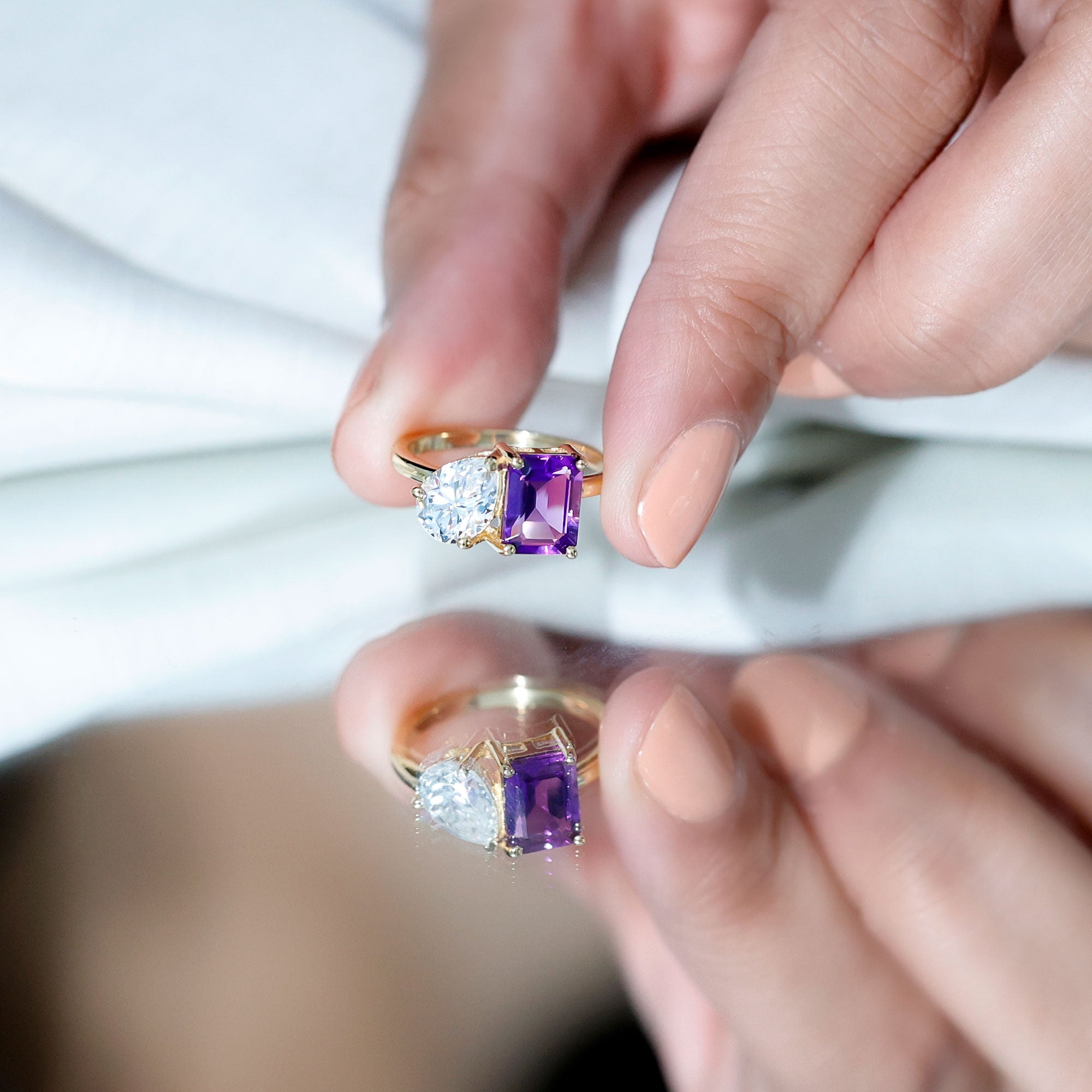 Certified Real Amethyst Toi Et Moi Engagement Ring with Moissanite AAA - Rosec Jewels