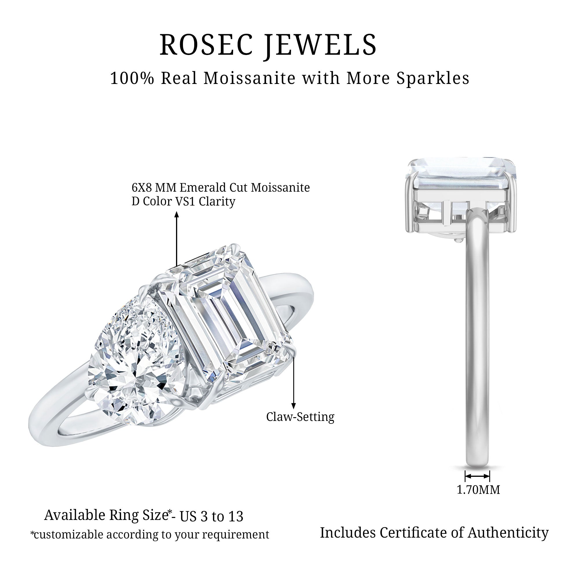 Pear and Emerald Cut Moissanite Toi Et Moi Engagement Ring D-VS1 - Rosec Jewels