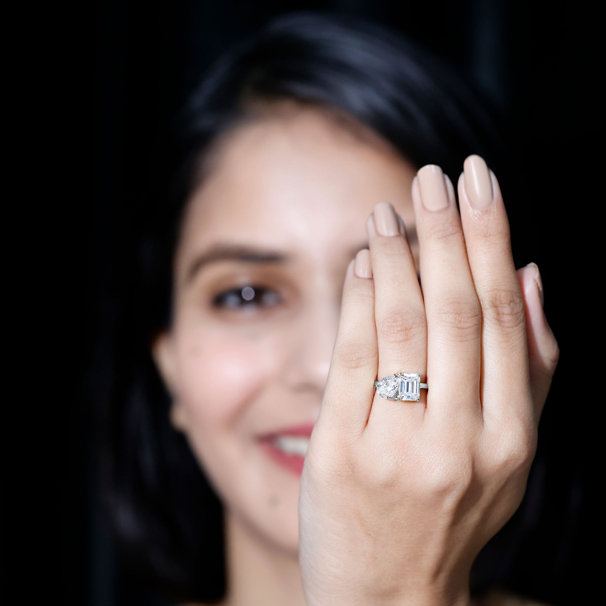 Pear and Emerald Cut Moissanite Toi Et Moi Engagement Ring D-VS1 - Rosec Jewels