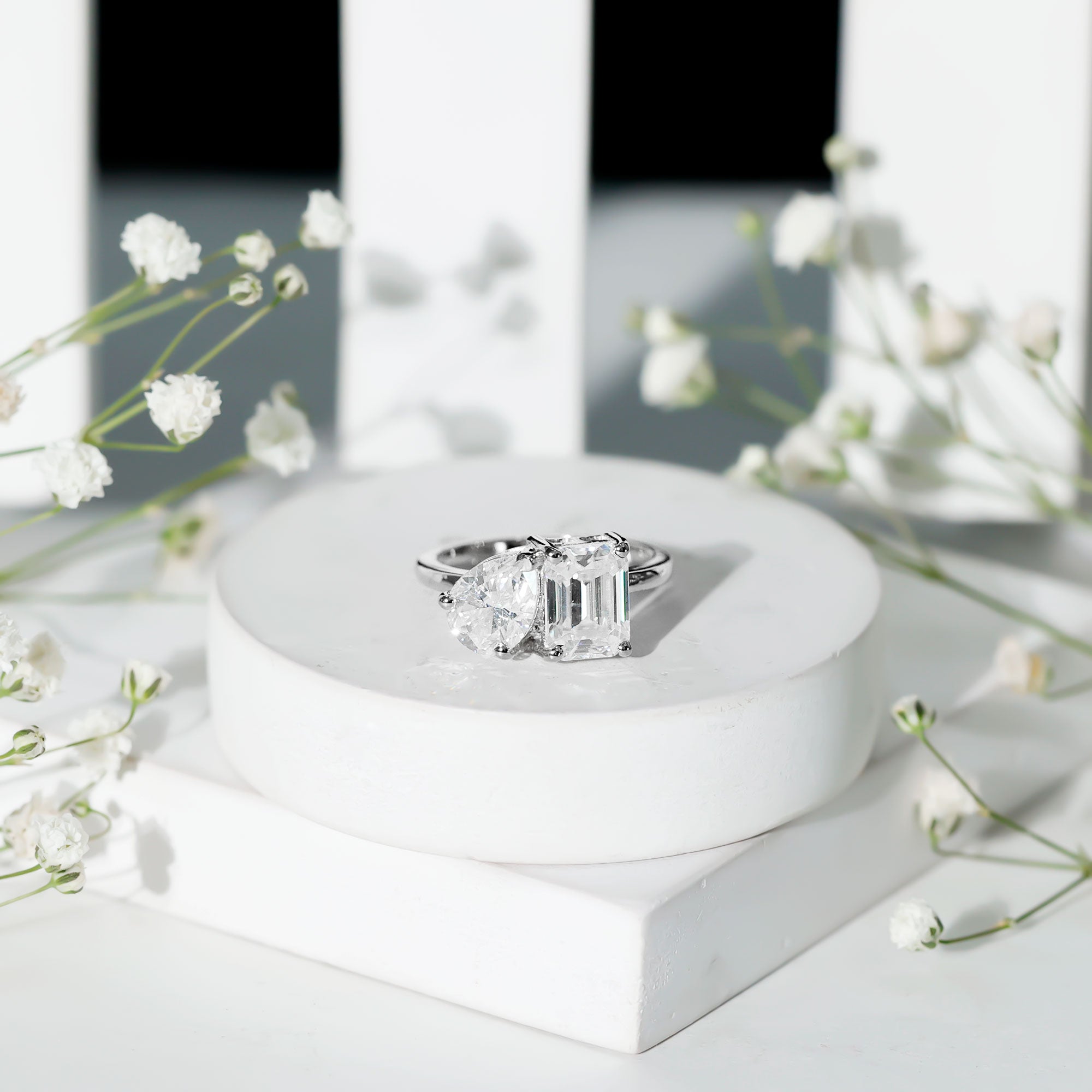 Pear and Emerald Cut Moissanite Toi Et Moi Engagement Ring D-VS1 - Rosec Jewels