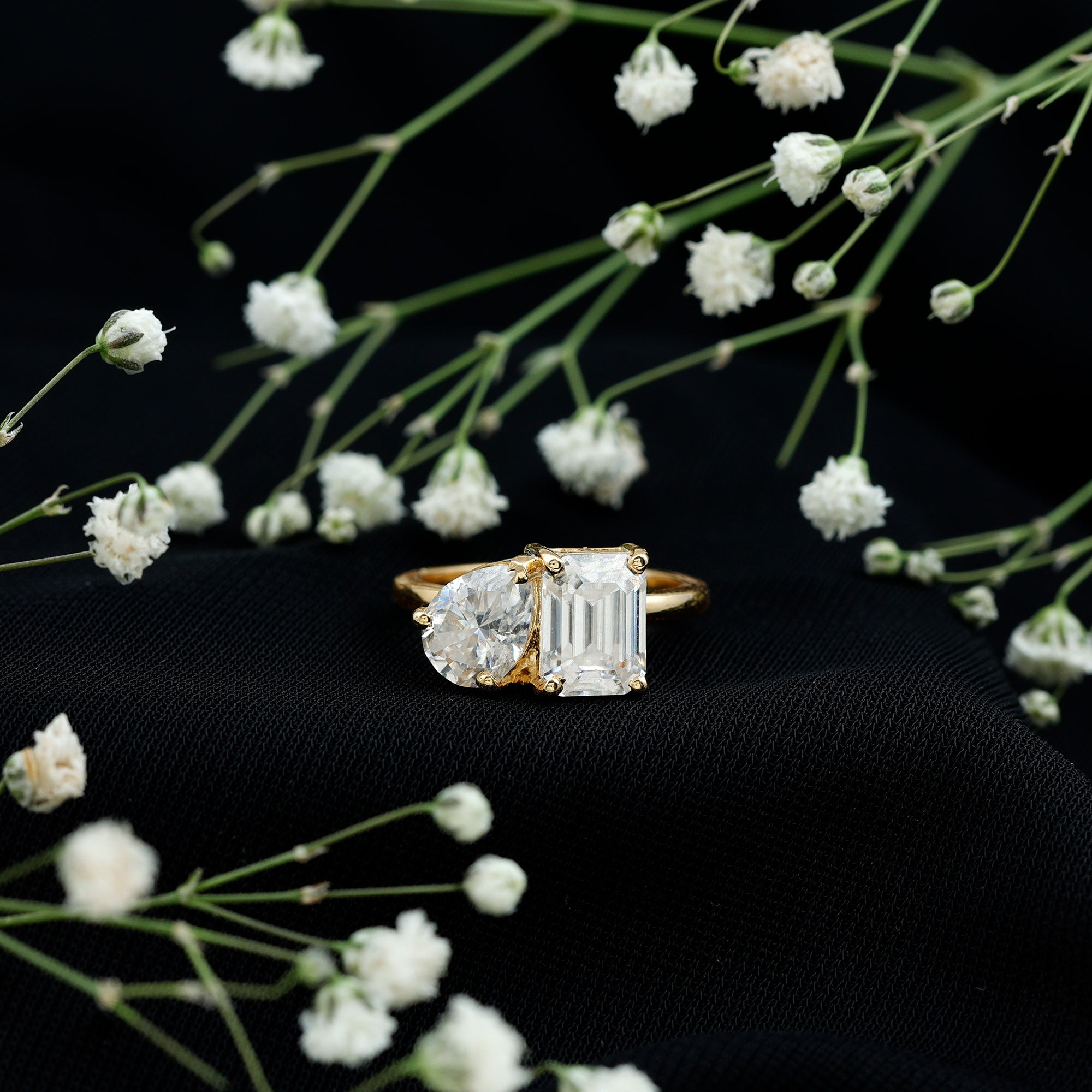 Pear and Emerald Cut Moissanite Toi Et Moi Engagement Ring D-VS1 - Rosec Jewels