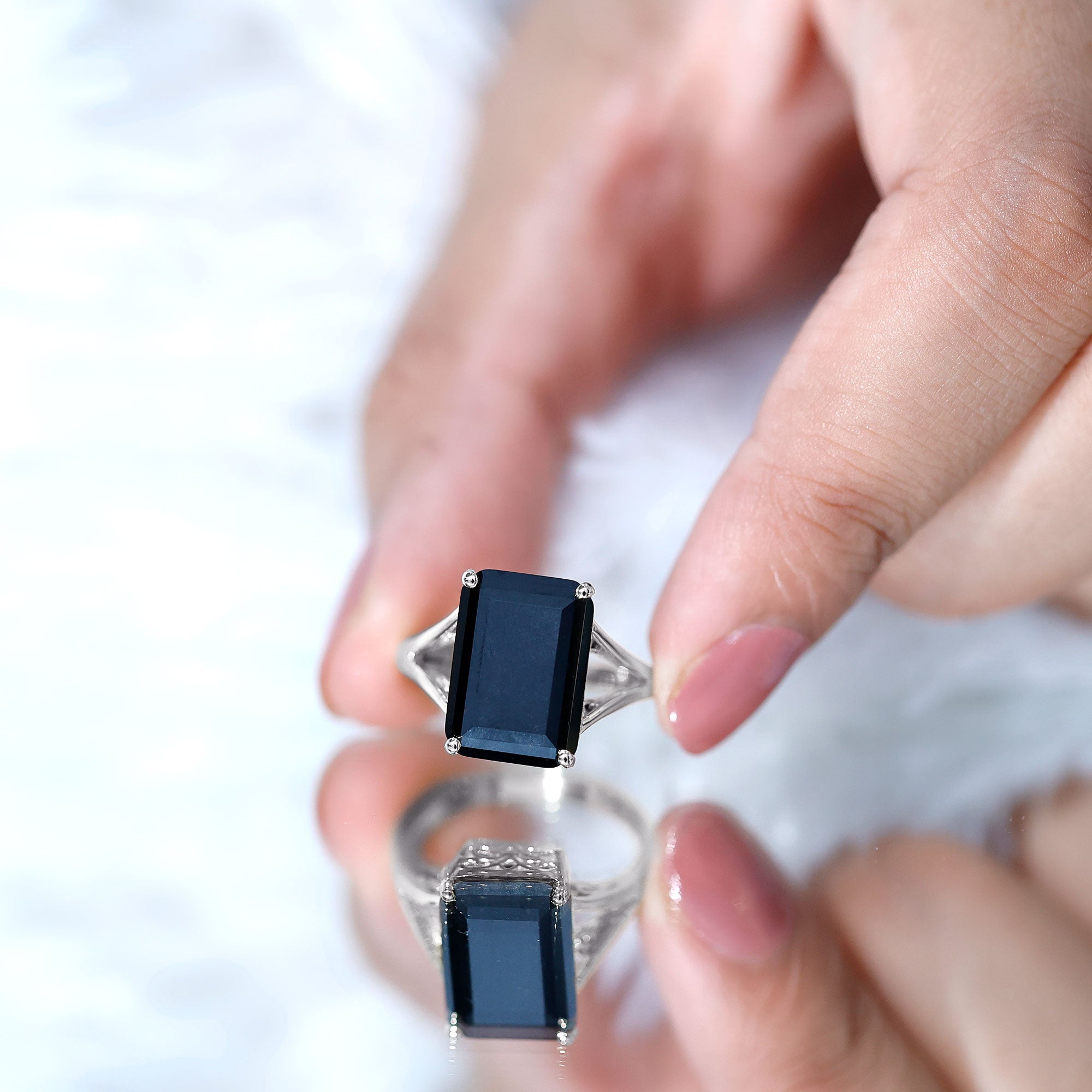 9 Carat Solitaire Lab Grown Black Diamond Emerald Cut Engagement Ring AAAA ( Synthetic ) - Rosec Jewels