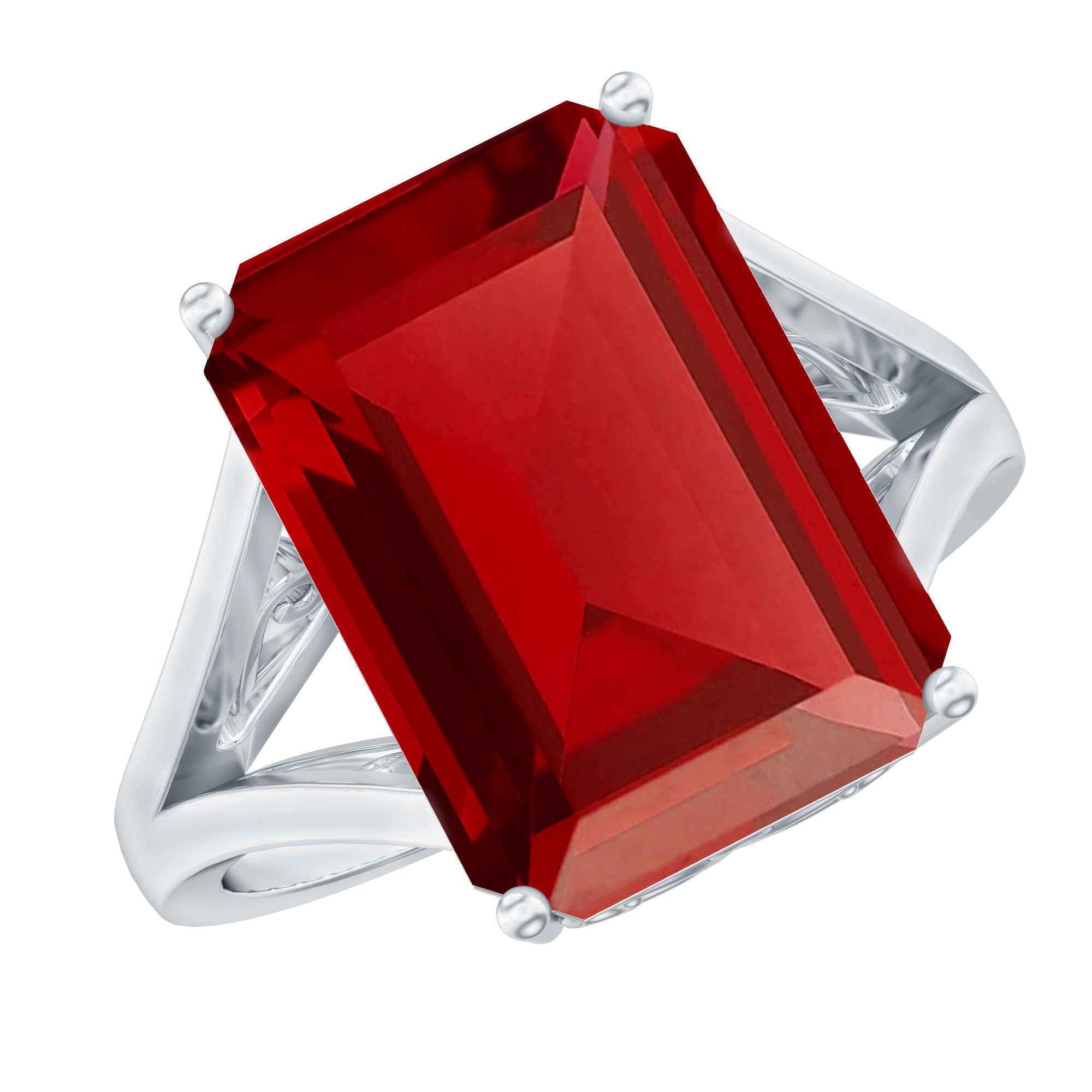 Lab Grown Ruby 10X14 MM Emerald Cut Engagement Ring with Split Shank