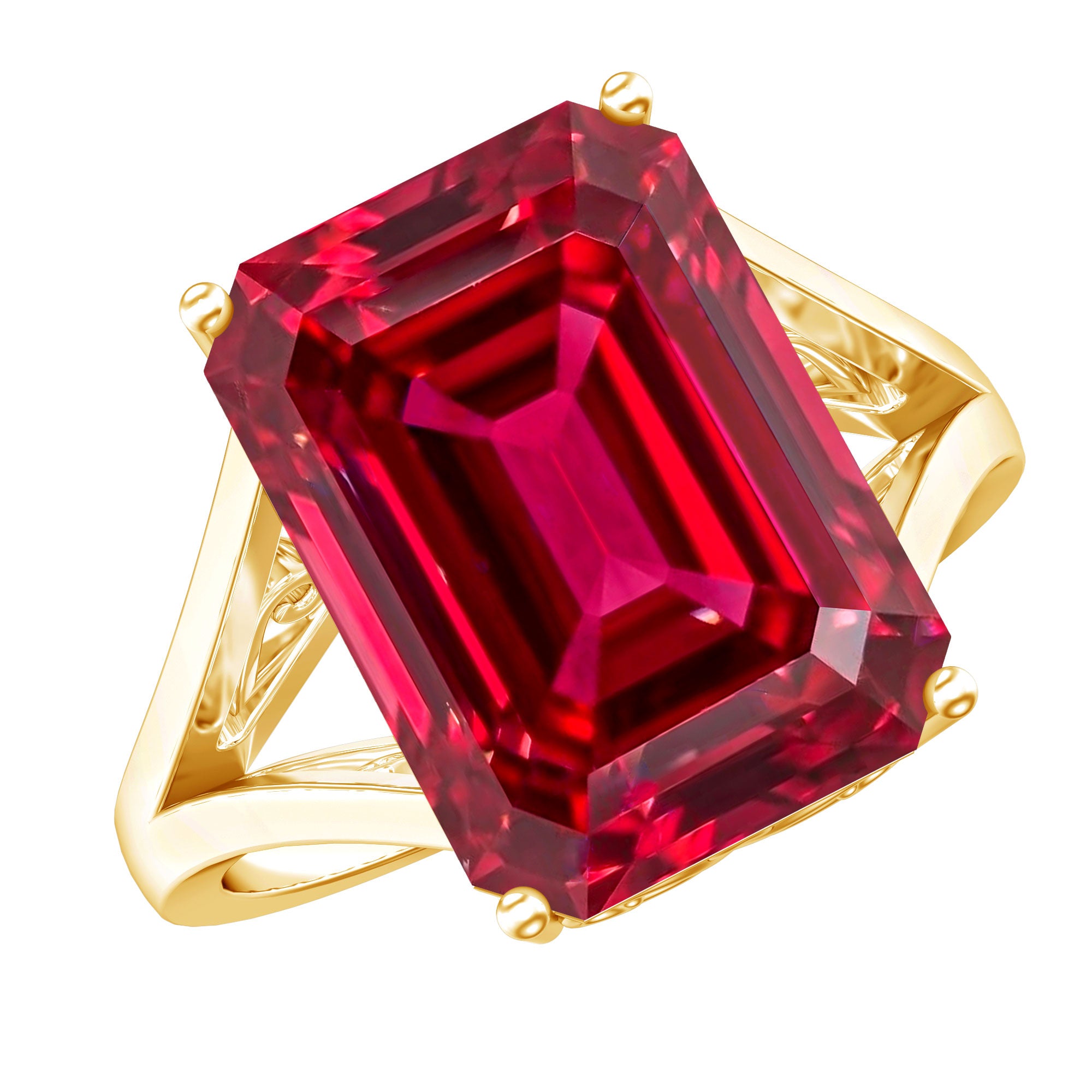 Lab Grown Ruby 10X14 MM Emerald Cut Engagement Ring with Split Shank AAAA - Rosec Jewels