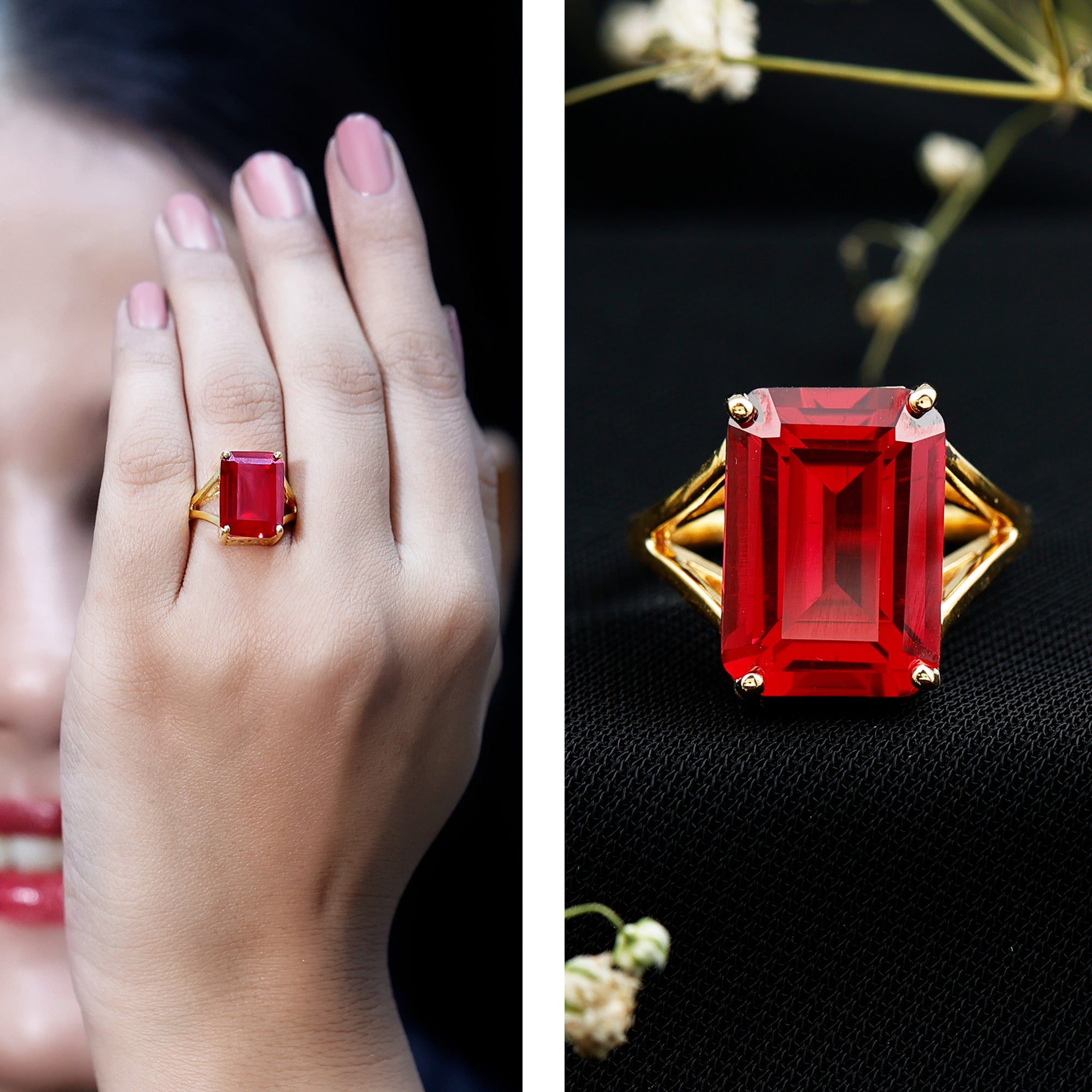 Lab Grown Ruby 10X14 MM Emerald Cut Engagement Ring with Split Shank AAAA - Rosec Jewels