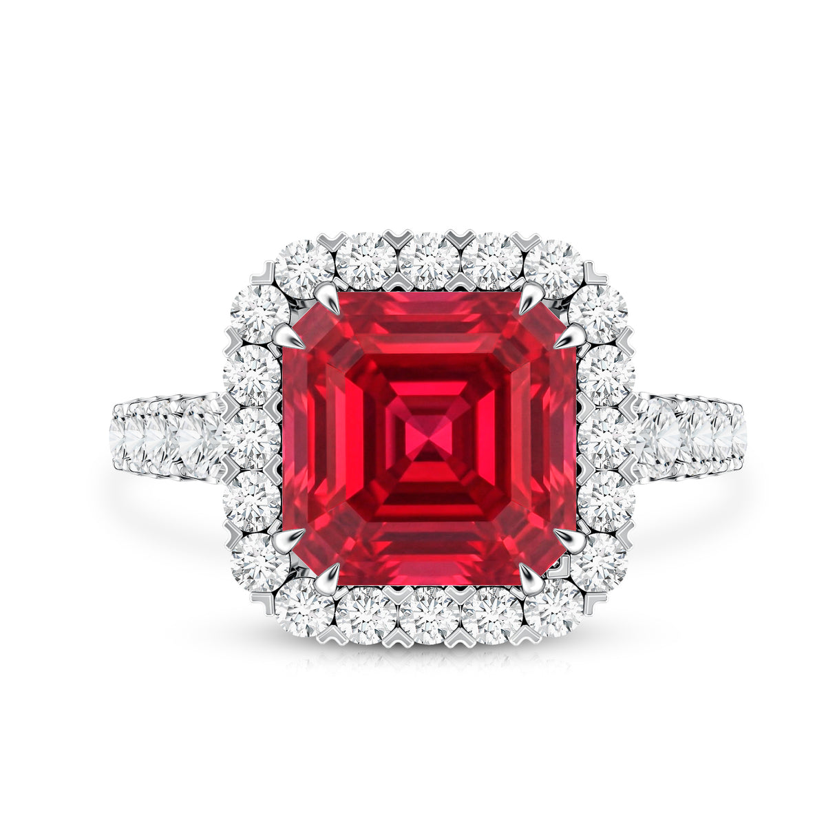 Rosec Jewels-2.5 Carat Asscher Cut Lab Created Ruby Halo Engagement Ring with Moissanite