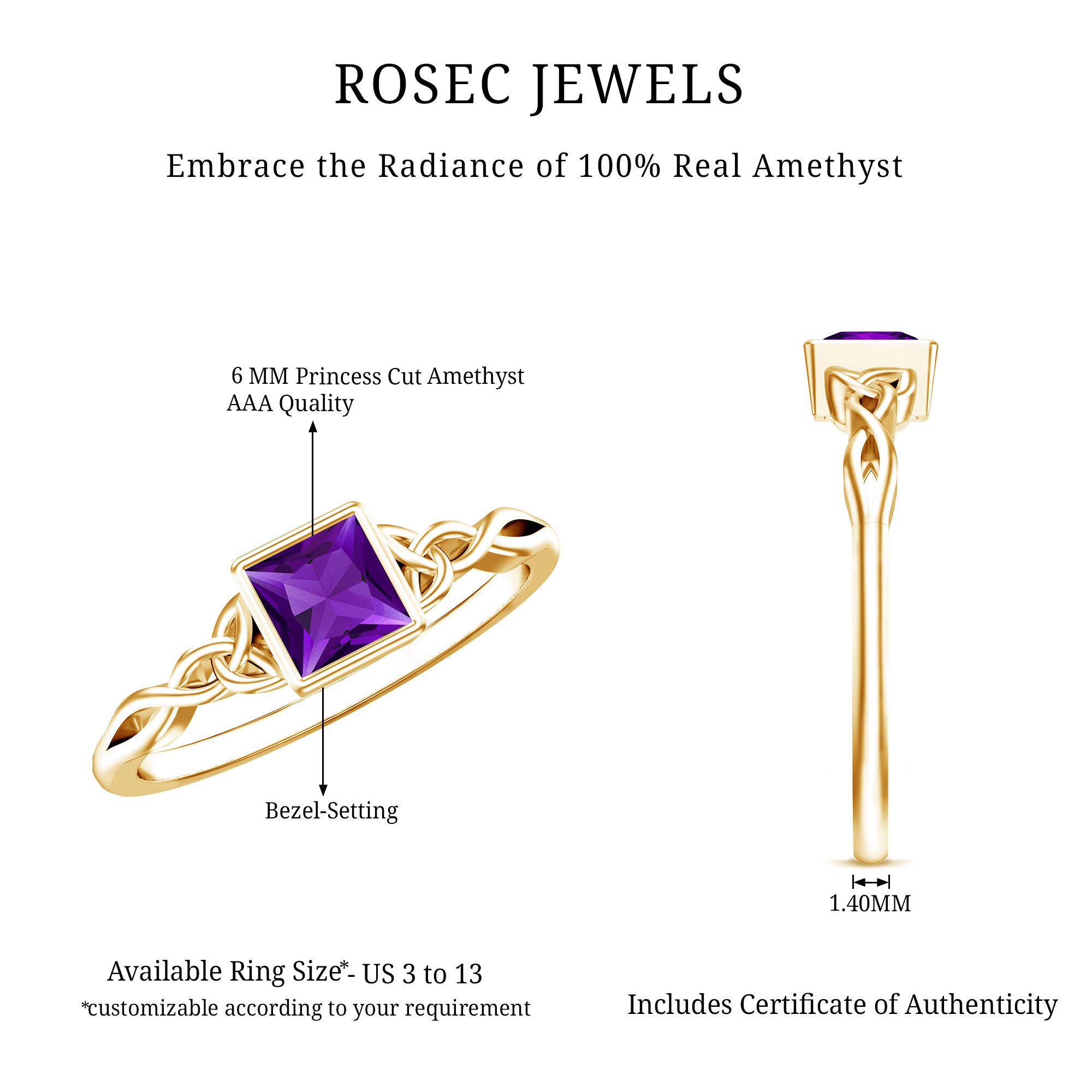 1.2 Carat Princess Cut Amethyst Promise Ring with Celtic Knot AAA - Rosec Jewels