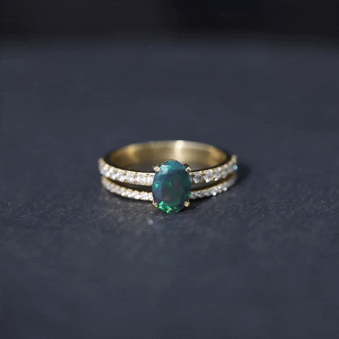 0.9 Carat Oval Cut Black Opal Wedding Ring Set With Diamond AAA - Rosec Jewels