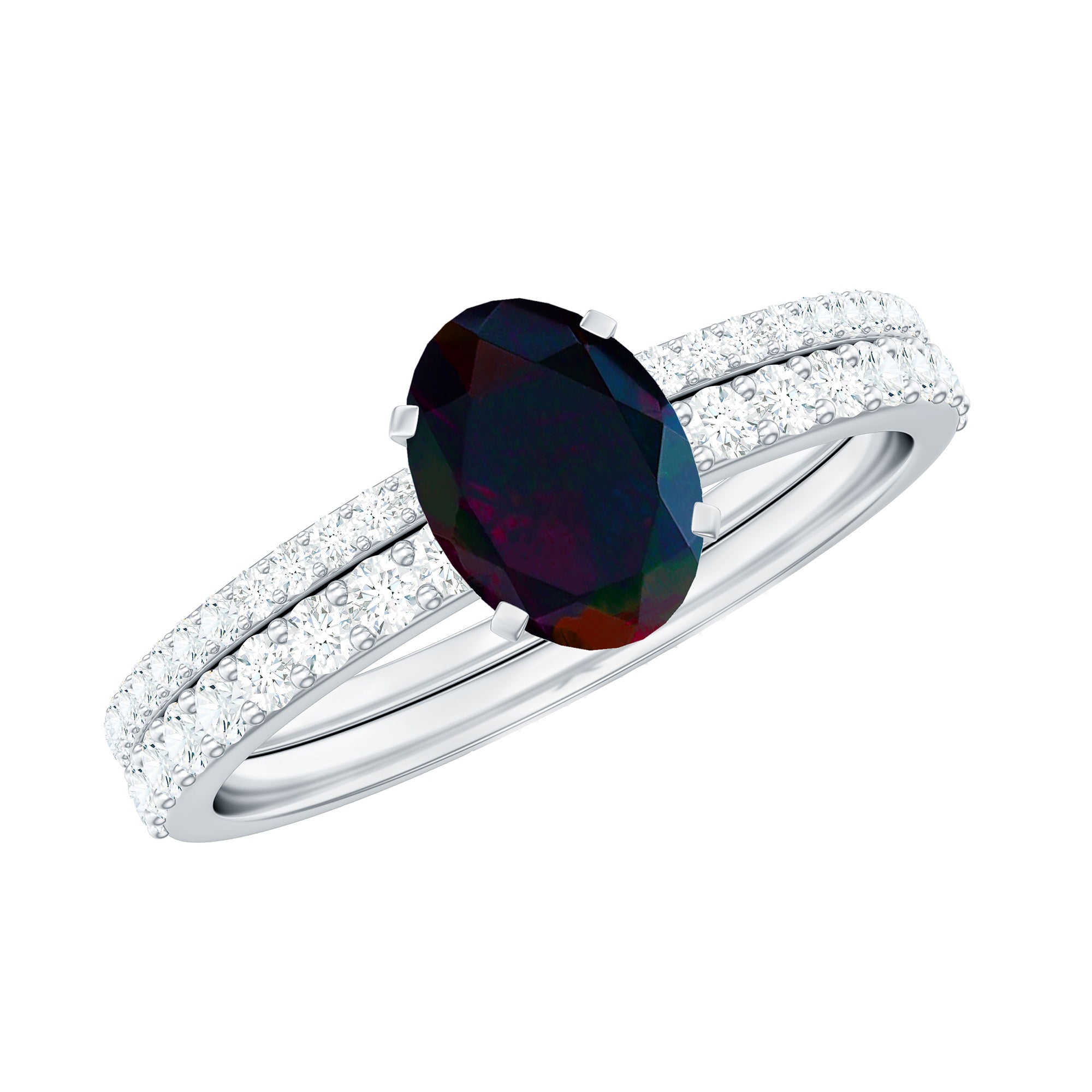 0.9 Carat Oval Cut Black Opal Wedding Ring Set With Diamond AAA - Rosec Jewels