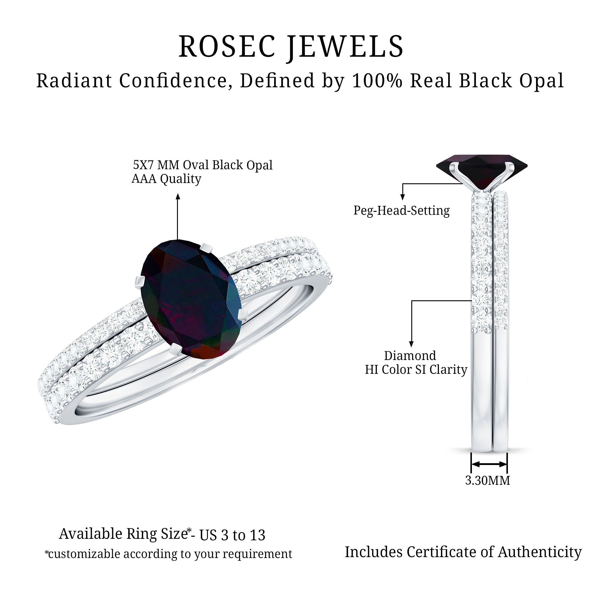 0.9 Carat Oval Cut Black Opal Wedding Ring Set With Diamond AAA - Rosec Jewels