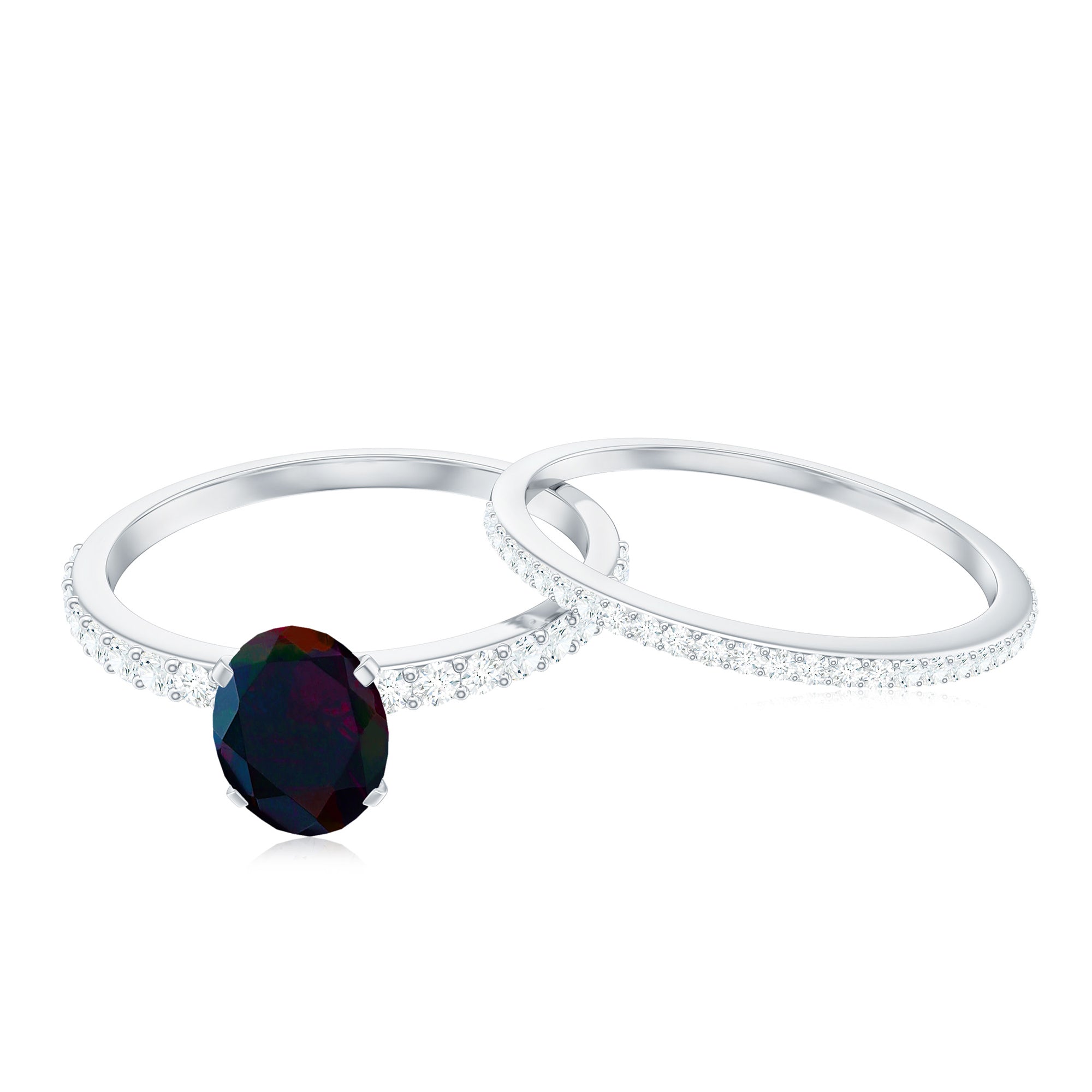 0.9 Carat Oval Cut Black Opal Wedding Ring Set With Diamond AAA - Rosec Jewels