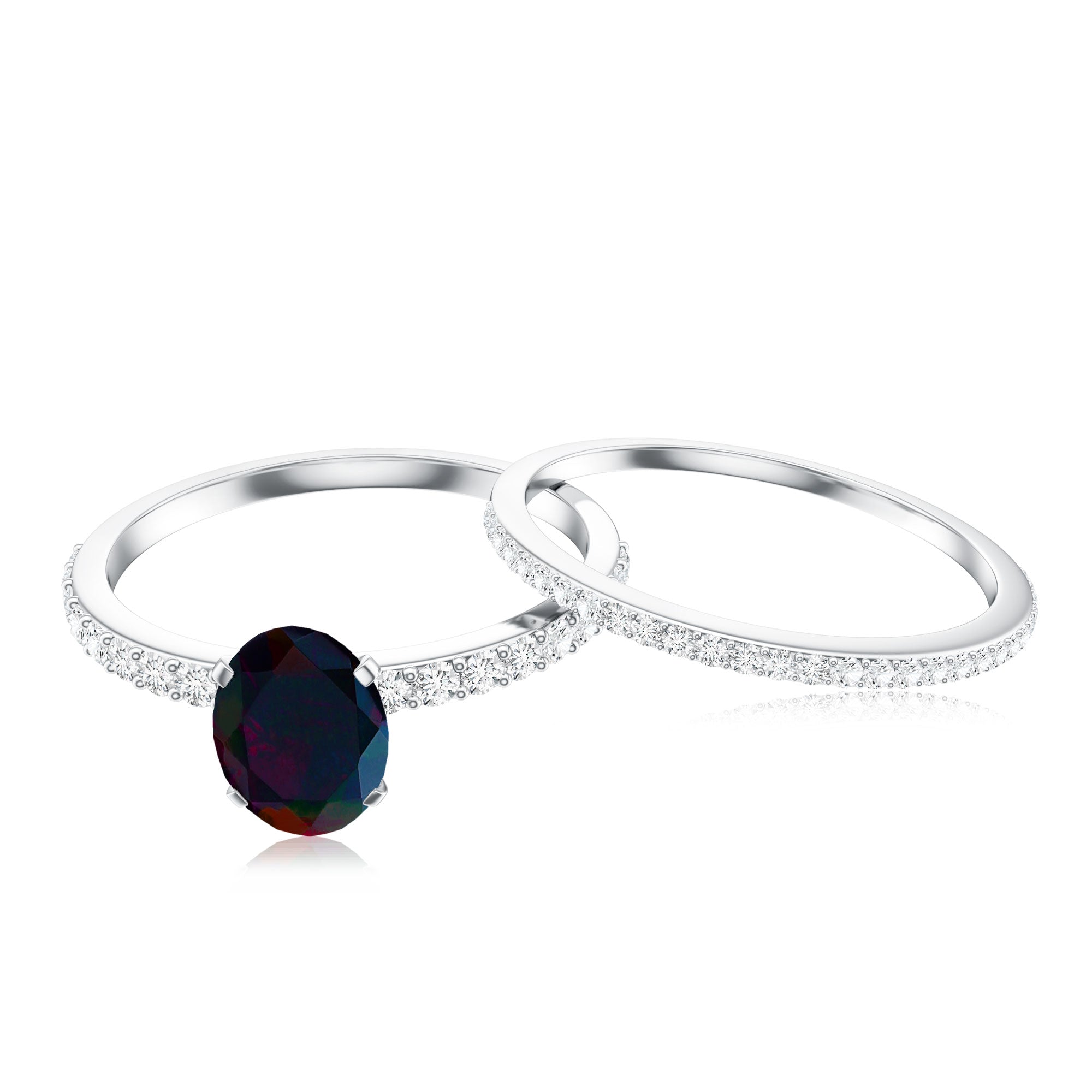 0.9 Carat Oval Cut Black Opal Wedding Ring Set With Diamond AAA - Rosec Jewels