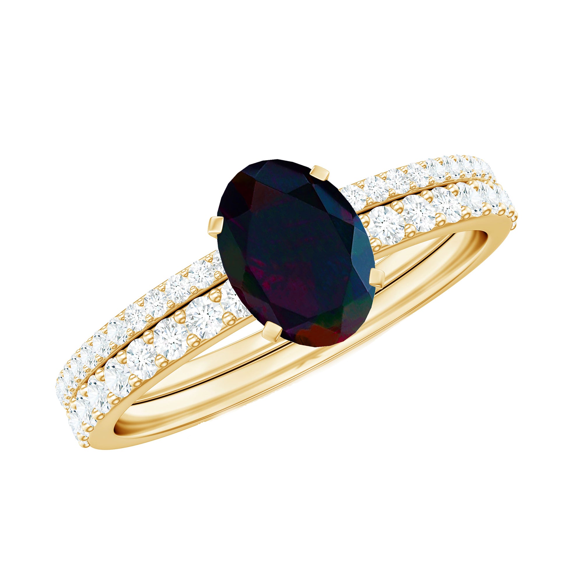 0.9 Carat Oval Cut Black Opal Wedding Ring Set With Diamond AAA - Rosec Jewels