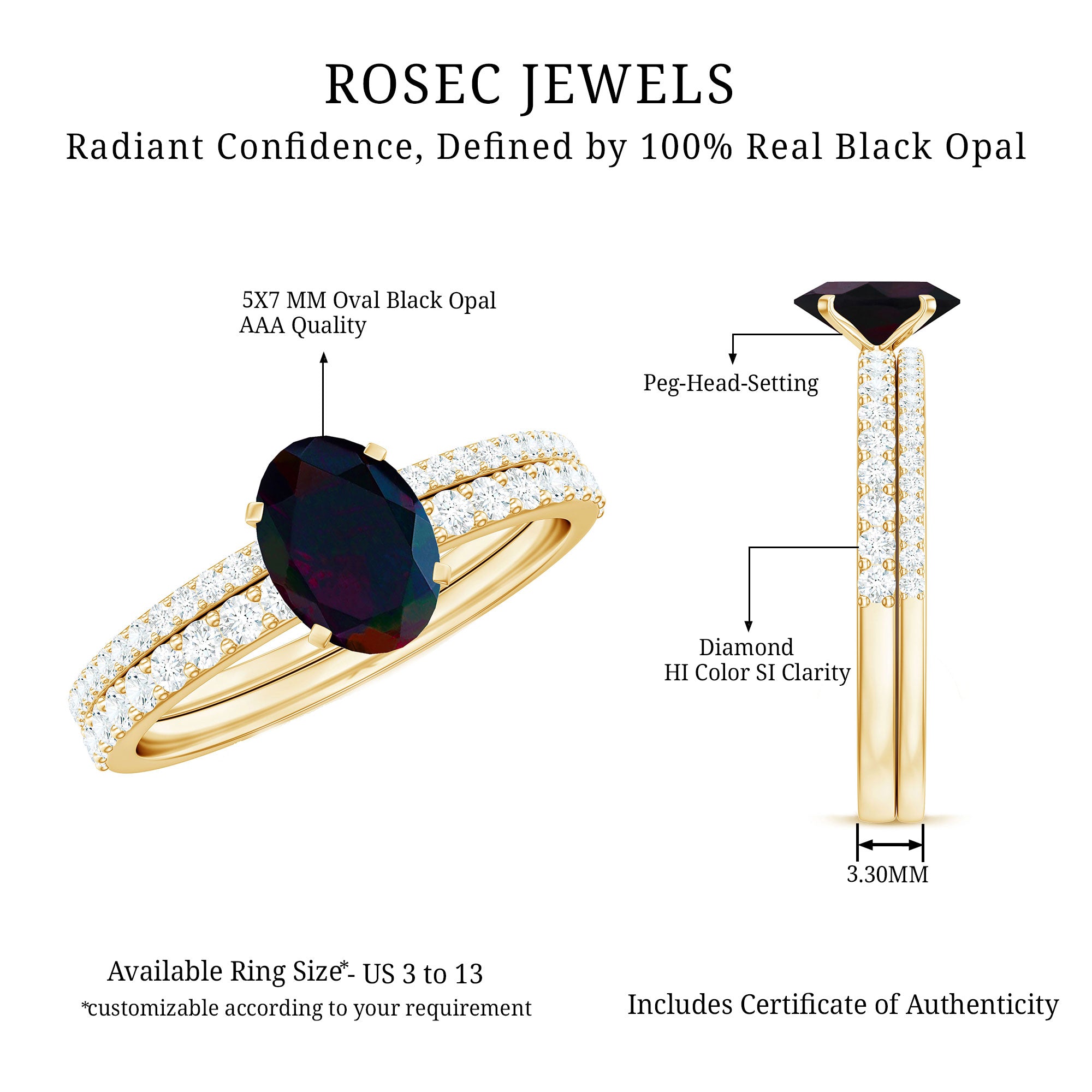 0.9 Carat Oval Cut Black Opal Wedding Ring Set With Diamond AAA - Rosec Jewels