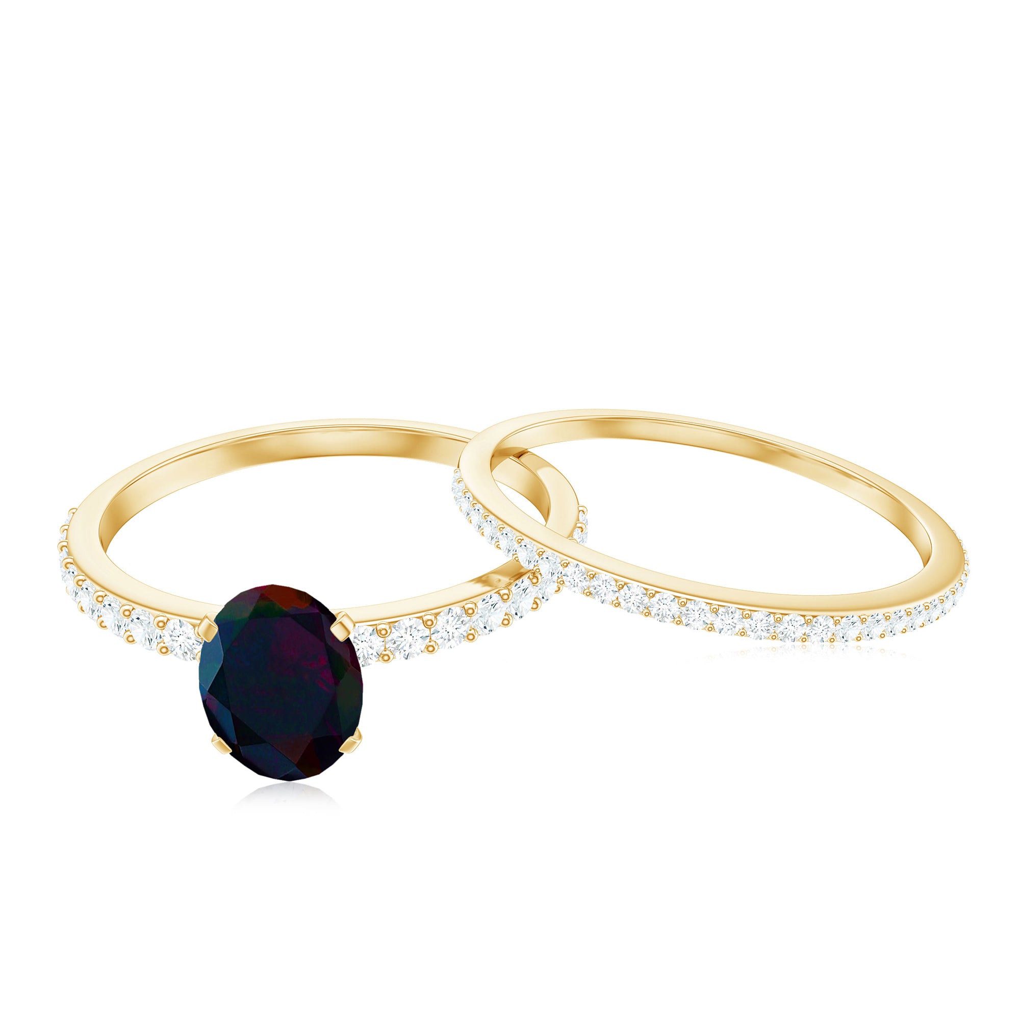 0.9 Carat Oval Cut Black Opal Wedding Ring Set With Diamond AAA - Rosec Jewels