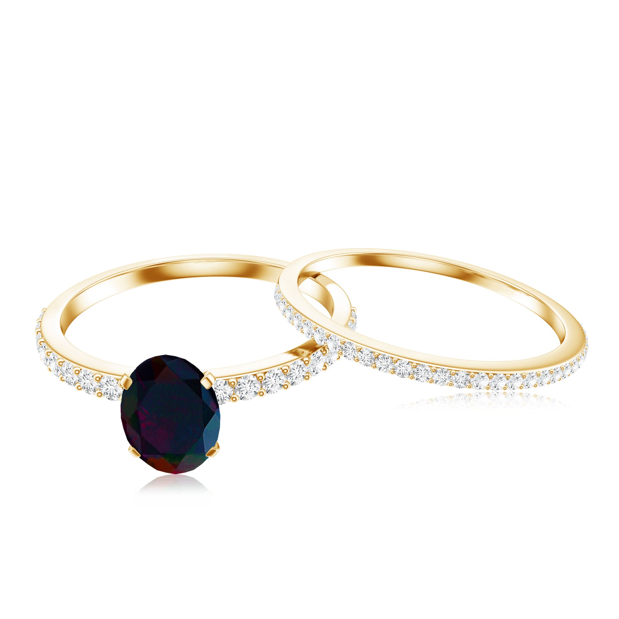 0.9 Carat Oval Cut Black Opal Wedding Ring Set With Diamond AAA - Rosec Jewels