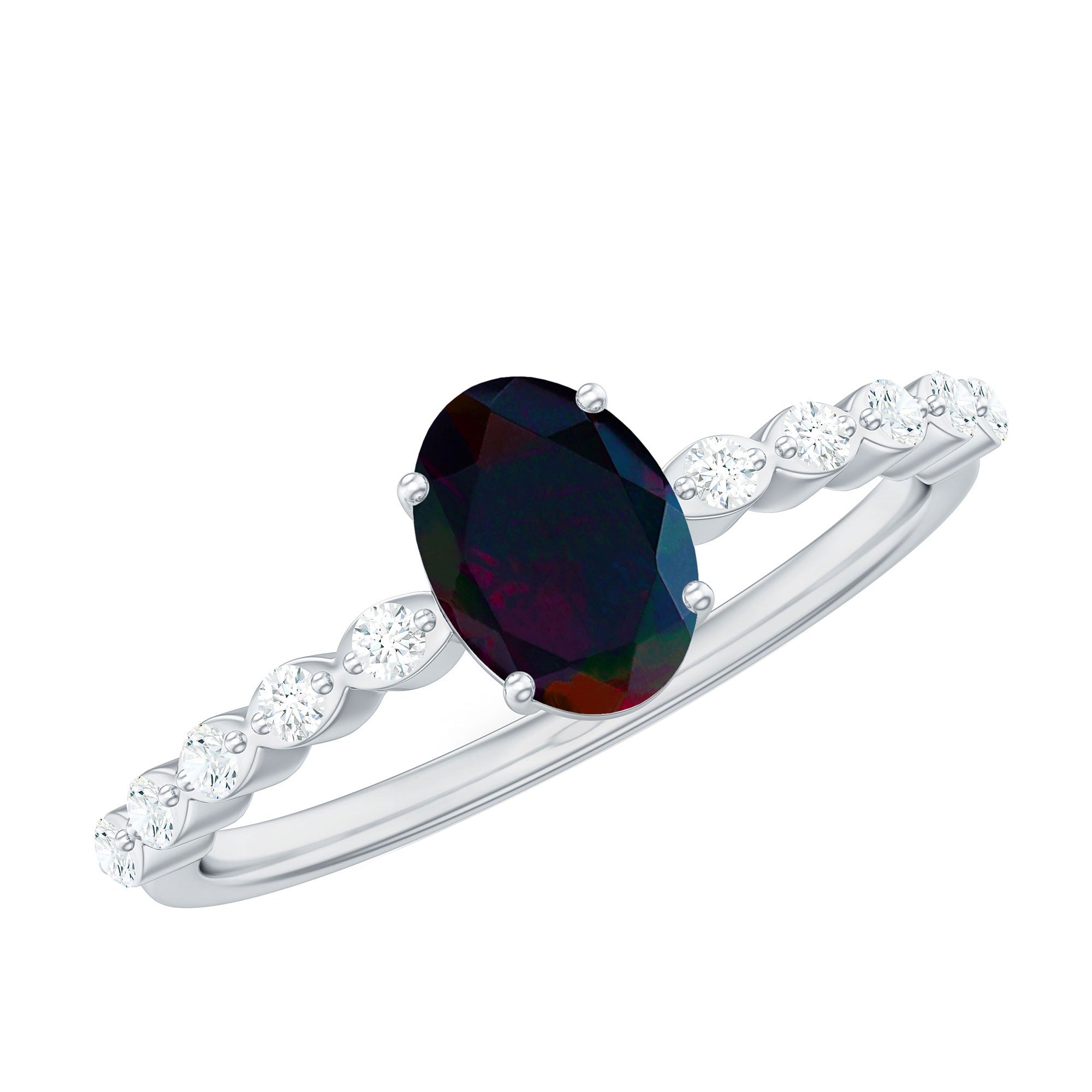 Oval Black Opal Solitaire Engagement Ring with Diamond