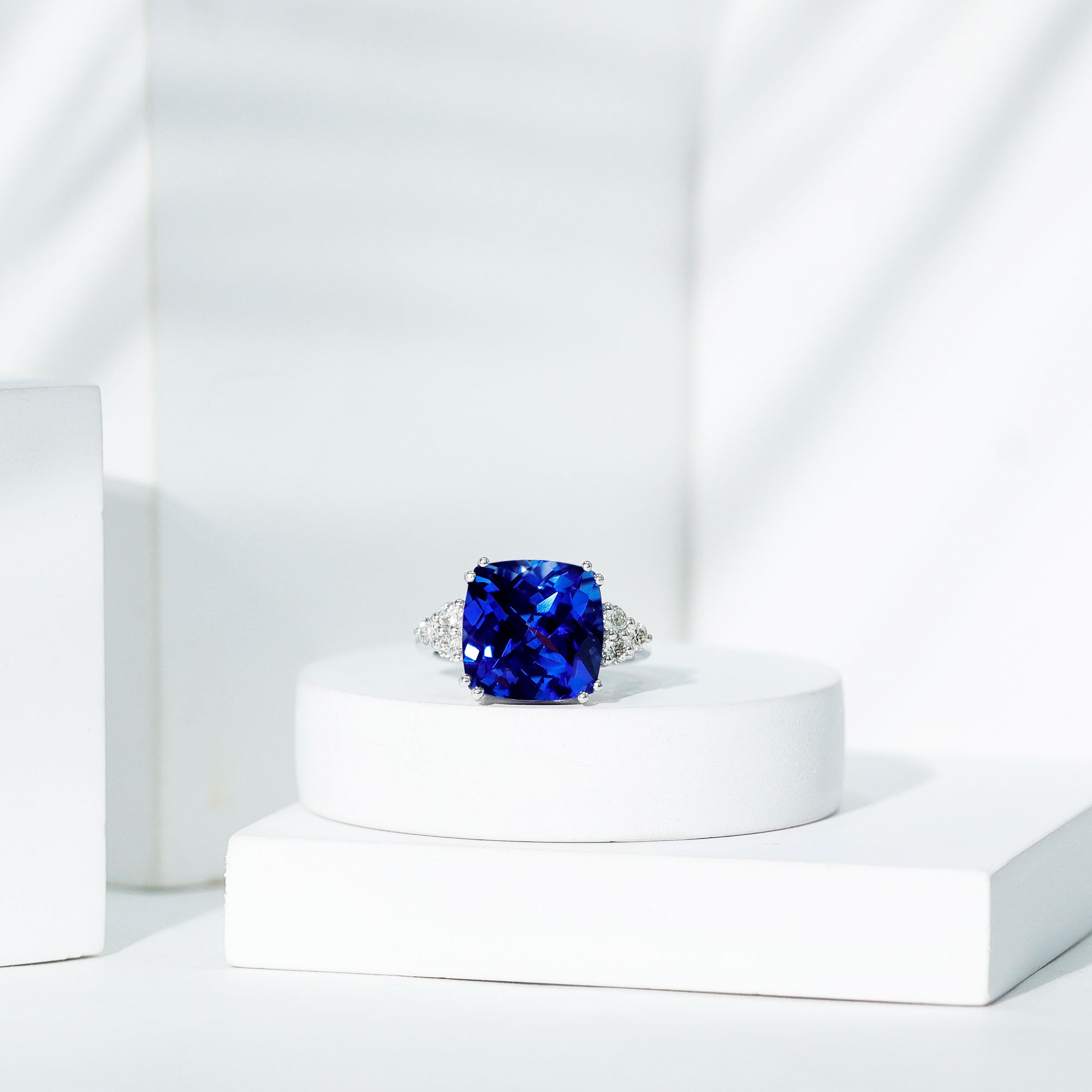 Certified 9 Carat Lab Grown Blue Sapphire Cushion Cut Engagement Ring with Diamond Trio AAAA - Rosec Jewels