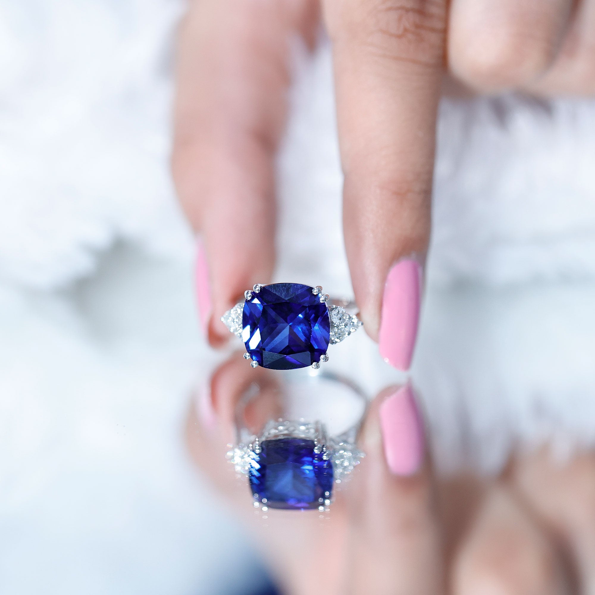 Certified 9 Carat Lab Grown Blue Sapphire Cushion Cut Engagement Ring with Diamond Trio AAAA - Rosec Jewels